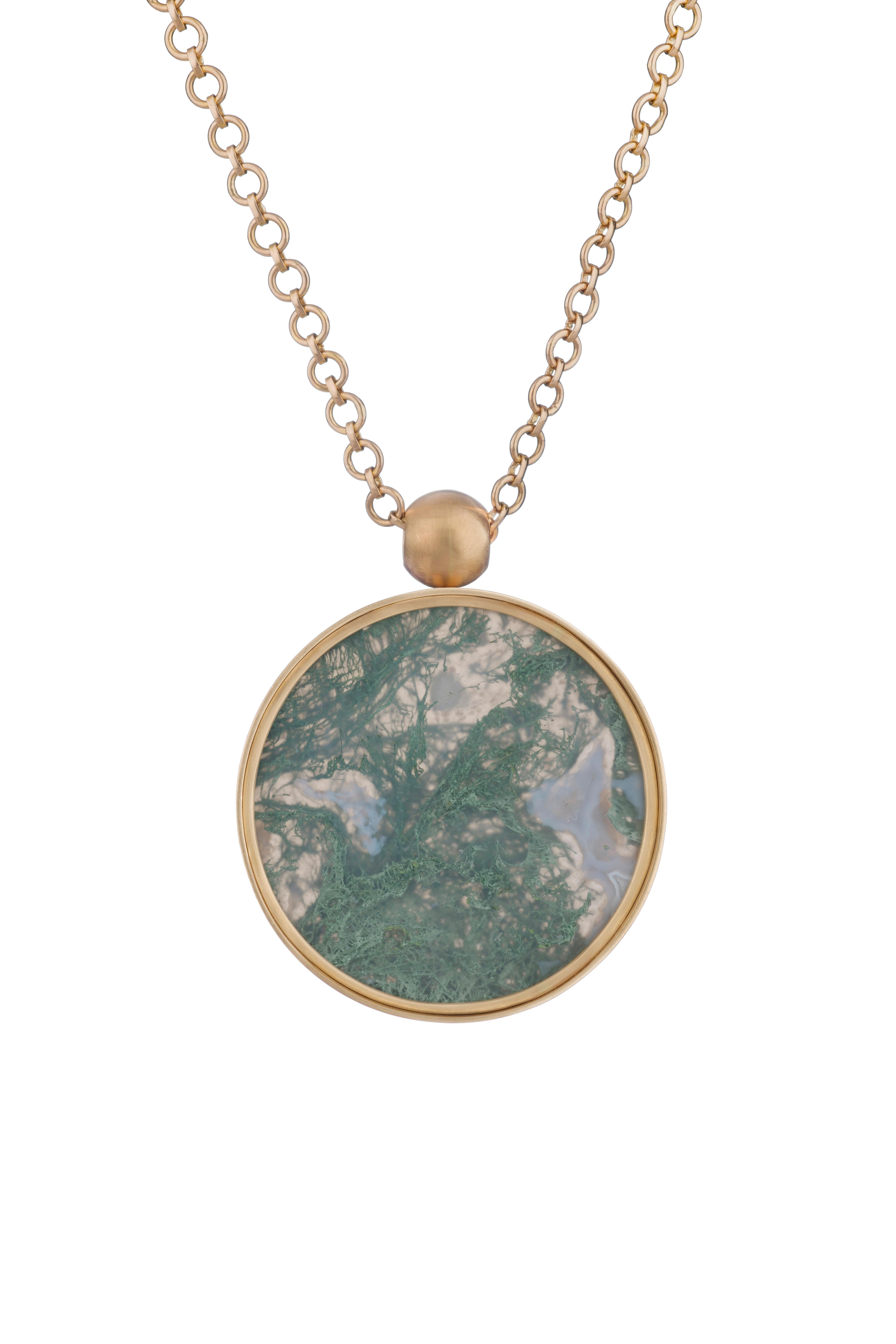 OUROBOROS' 'Swimming In Seaweed,' green moss agate pendant set in 18kt gold.

There are four chain options, all are handmade, 36