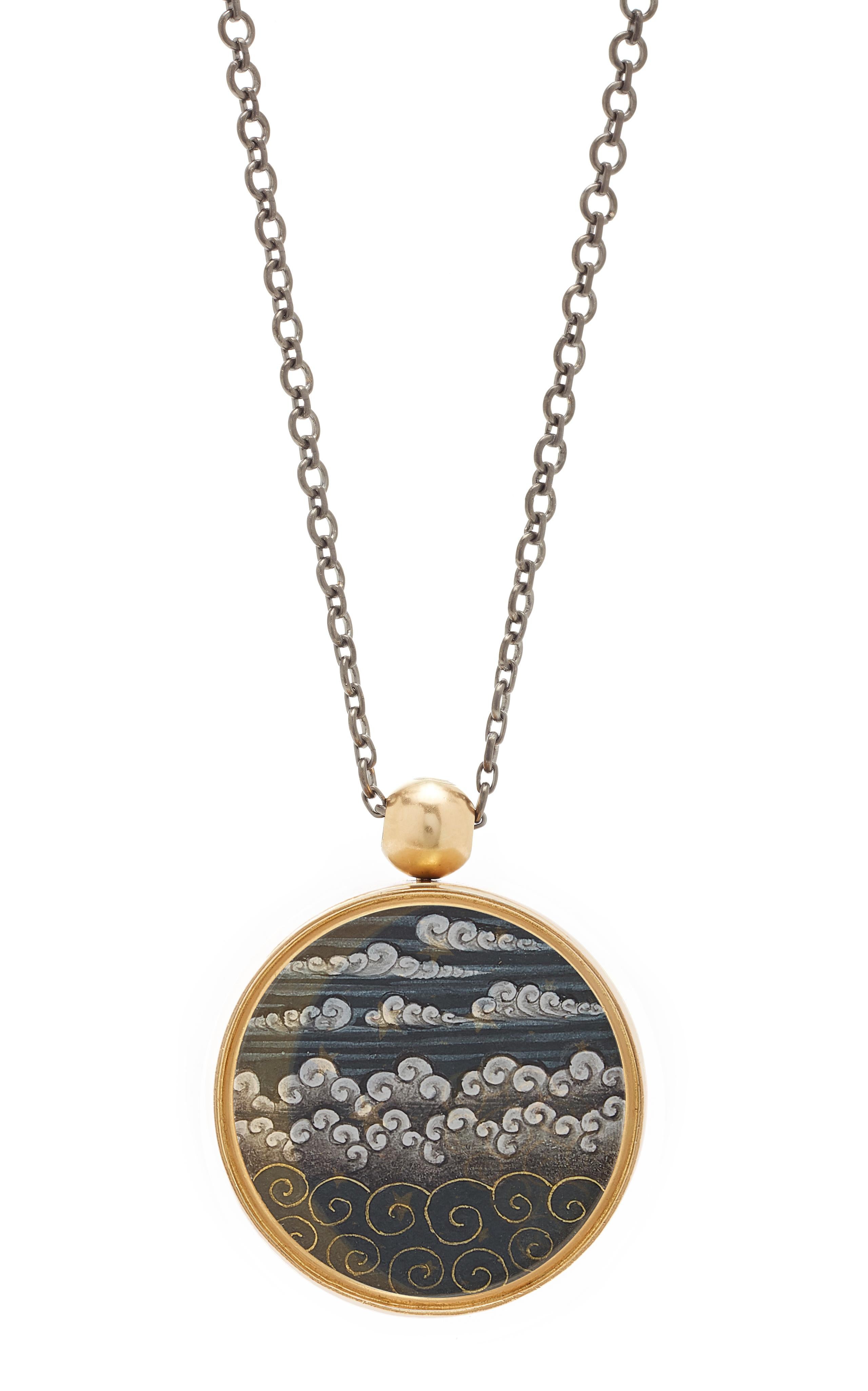 Ouroboros hand-painted Indian miniatures set in 18 karat gold pendant, two sided, with an 18 karat gold handmade chain or a black rhodium plated silver chain. 

The price here is with a gold chain, please message Ouroboros for the price with the