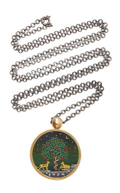 Ouroboros Hand Painted Indian Miniature Scenes and 18 Karat Gold Pendant