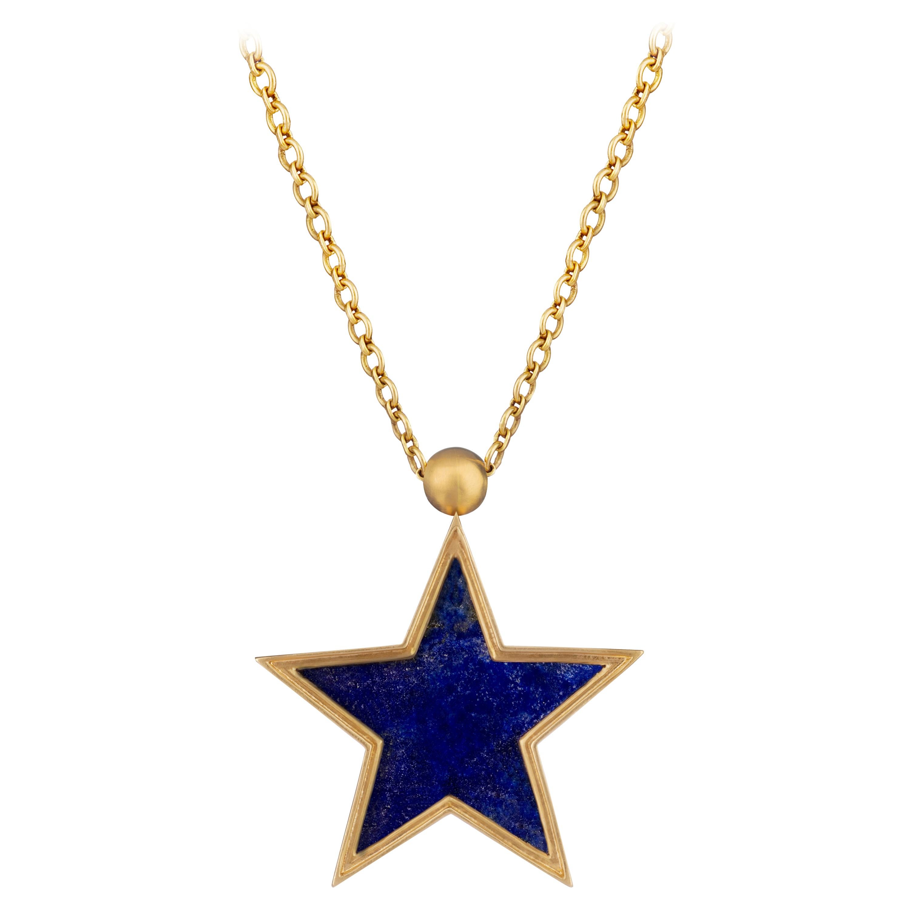Ouroboros Lapis Lazuli Star Pendant Necklace Set in 18 Karat Gold For Sale
