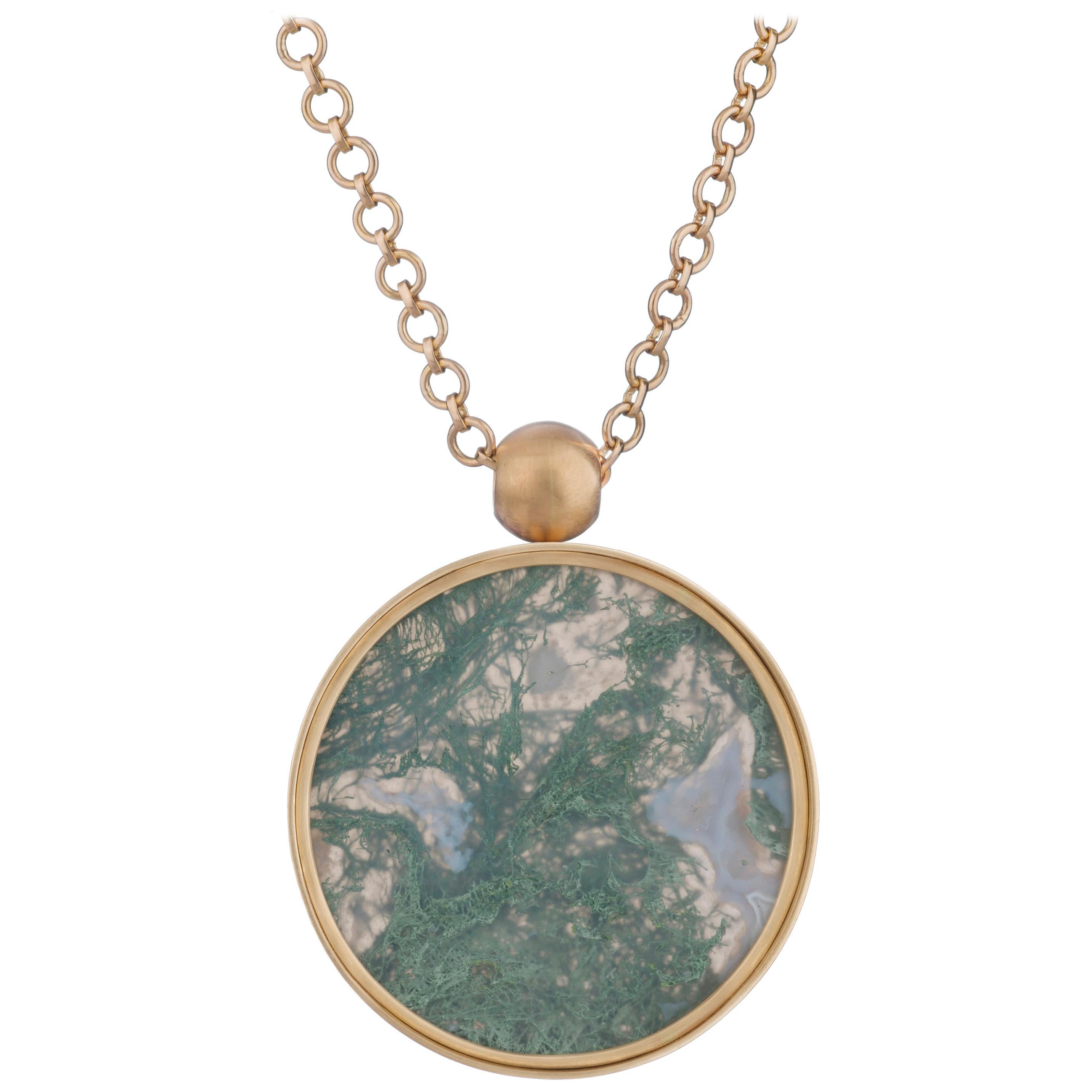 OUROBOROS Moss Agate and 18 Karat Gold Chain Pendant Necklace For Sale