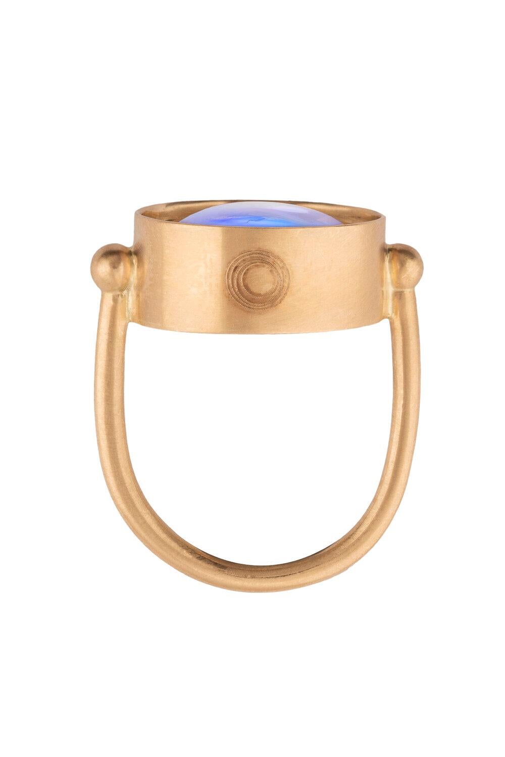 Modern Ouroboros Oval Rainbow Moonstone Ring set in 18kt Gold For Sale