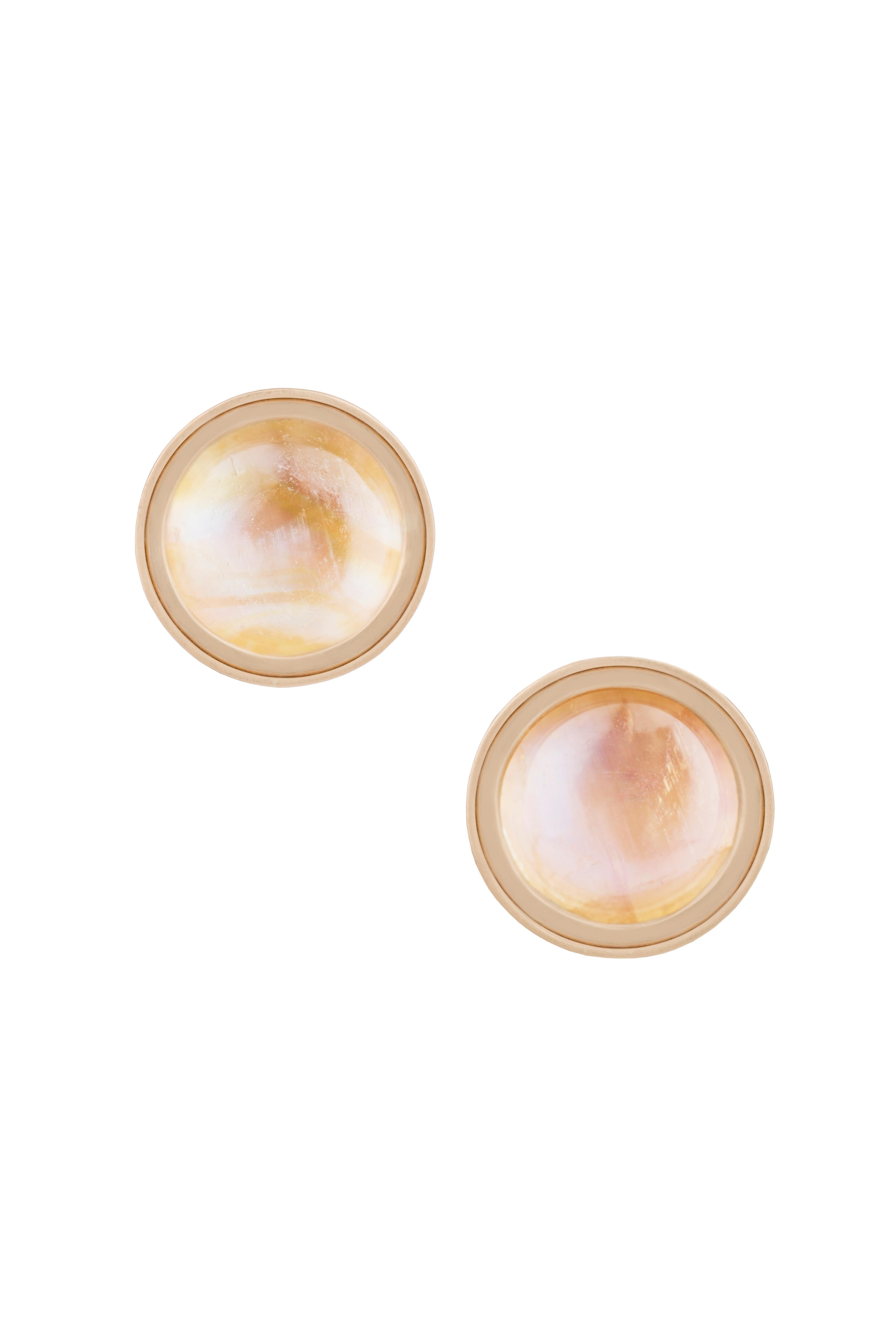 Cabochon OUROBOROS Rainbow Moonstone 18kt Gold Earrings  For Sale