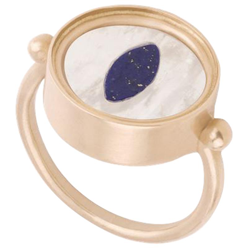 OUROBOROS Rainbow Moonstone and Lapis Lazuli Inlaid 18 Karat Gold Snake Eye Ring For Sale