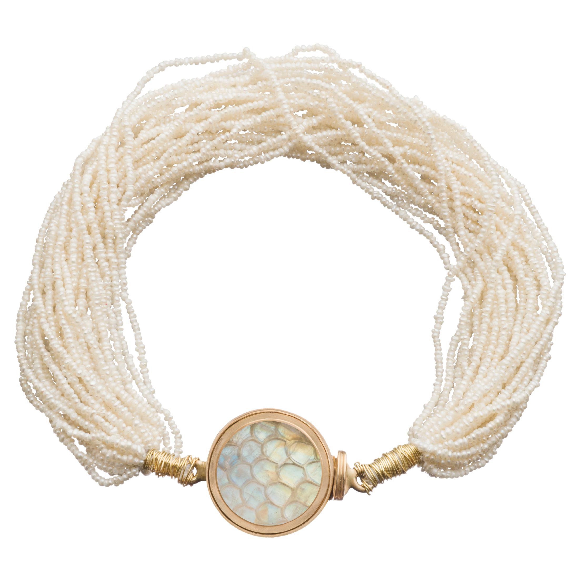 Ouroboros Rainbow Moonstone and Seed Pearl Bracelet set in Gold For Sale