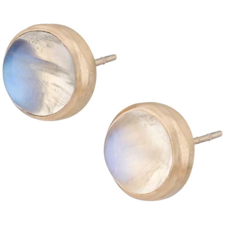 Ouroboros Rainbow Moonstone Round Cabochon 18 Karat Gold Stud Earrings For Sale