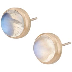 Ouroboros Rainbow Moonstone Round Cabochon 18 Karat Gold Stud Earrings