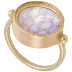 OUROBOROS Rainbow Moonstone Snake Skin Carved Moonstone 18 Karat Gold Ring