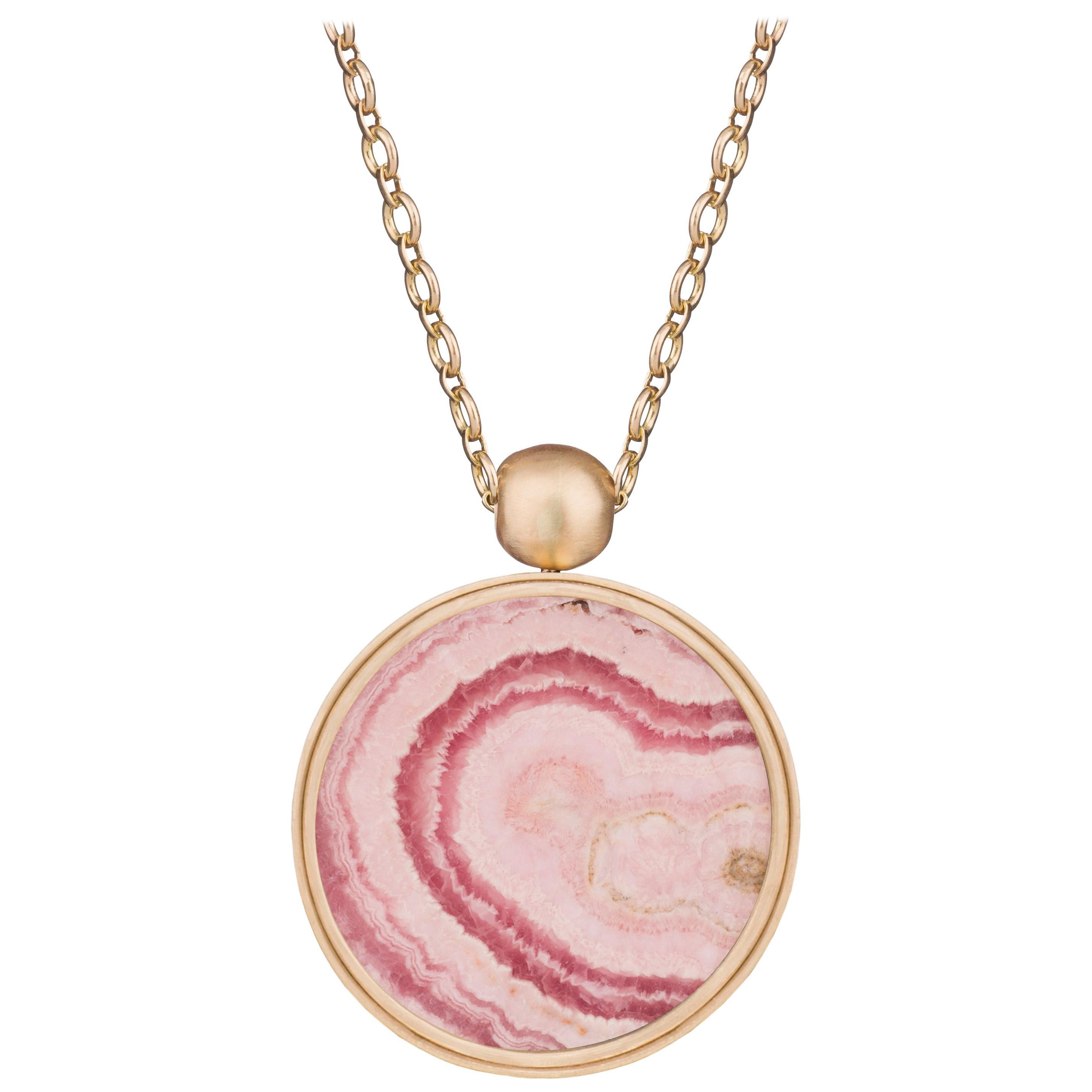 OUROBOROS Rhodocrosite and Mother of Pearl 18 Karat Gold Chain Pendant Necklace For Sale