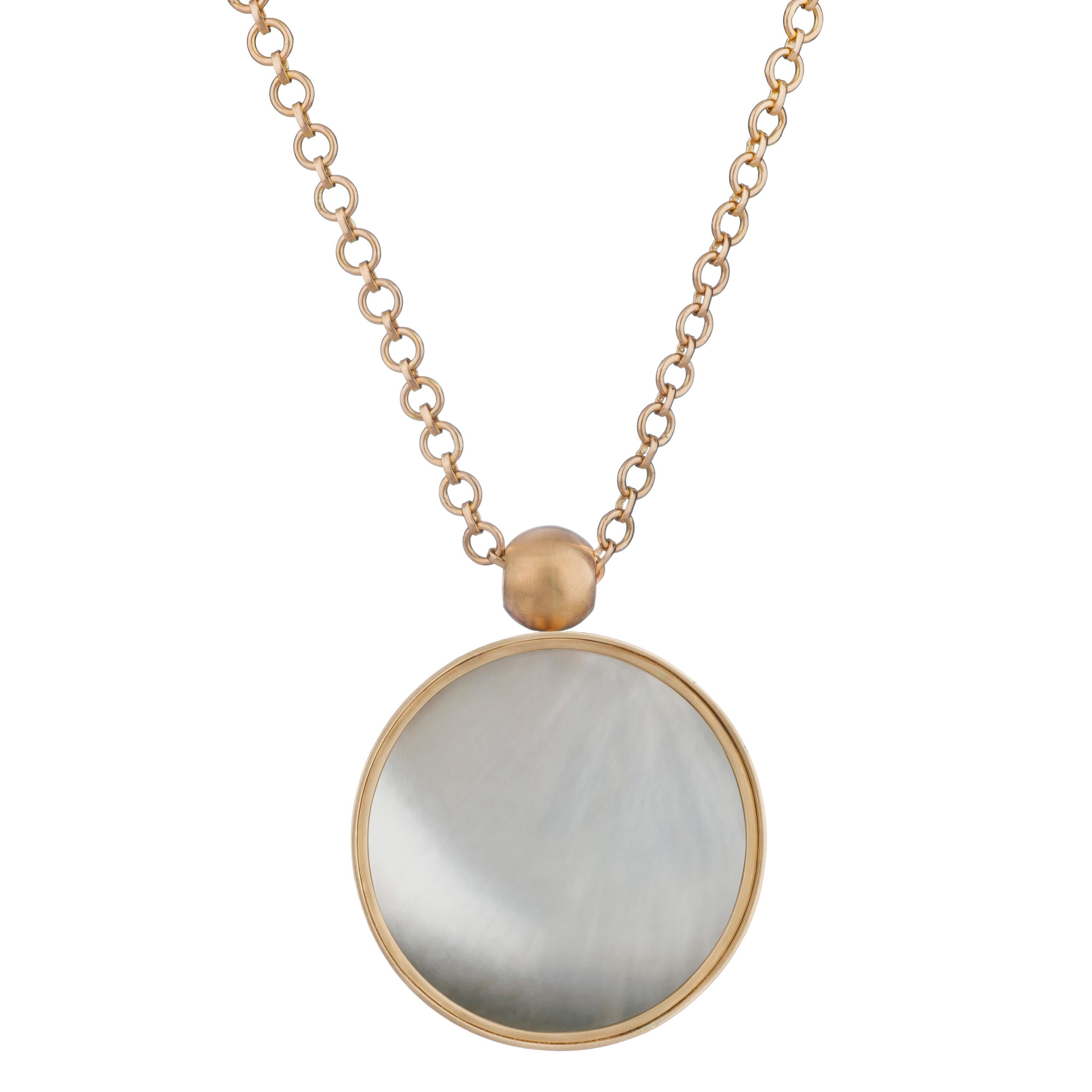 Ouroboros rhodocrosite and mother of pearl  swivel pendant necklace set in 18 karat gold on a handmade 36 inch 18 karat gold chain, with an 18 karat gold Ouroboros lasered ball to finish the back. 

This is part of the 'Any Colour You Like' (the