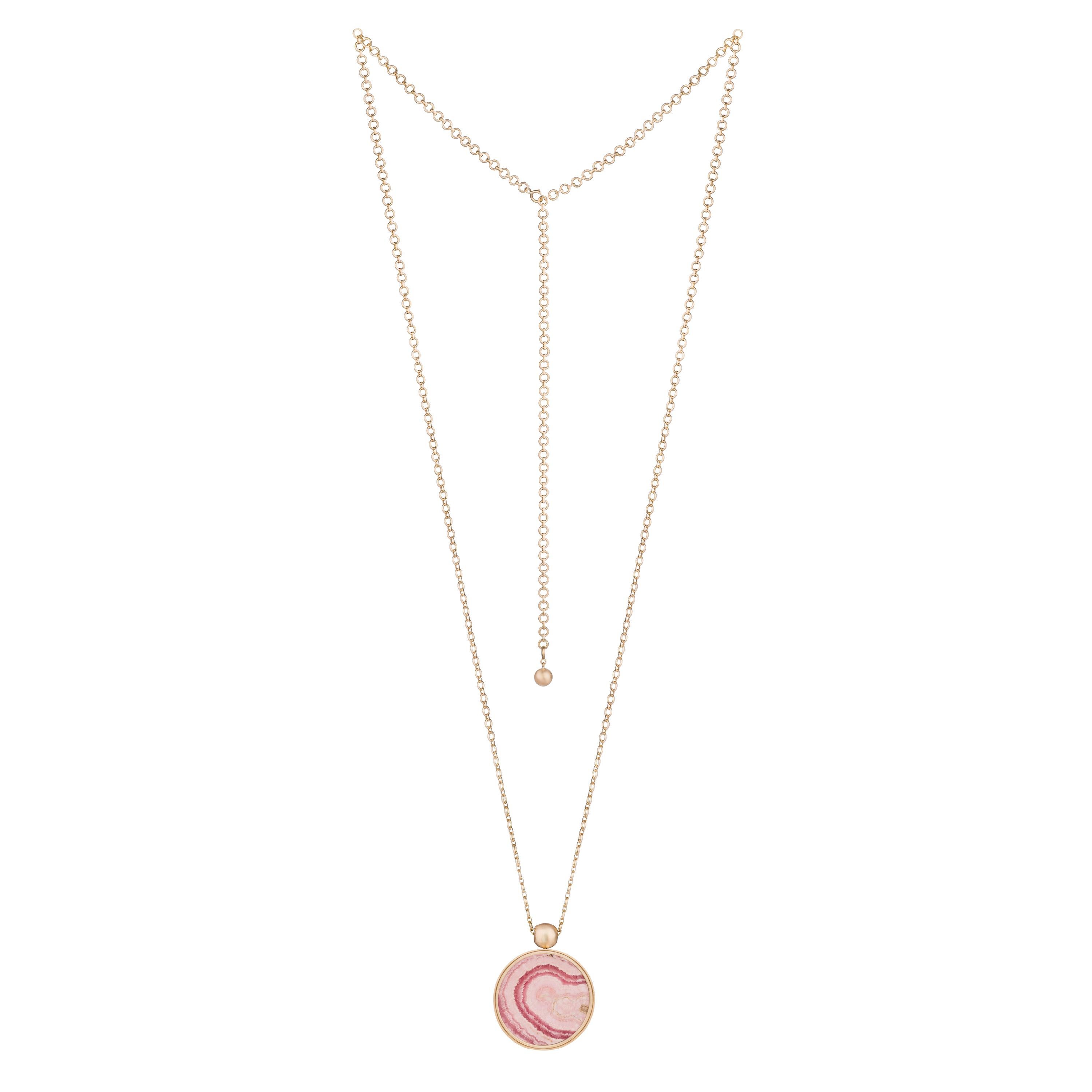 Artisan OUROBOROS Rhodocrosite and Mother of Pearl 18 Karat Gold Chain Pendant Necklace For Sale