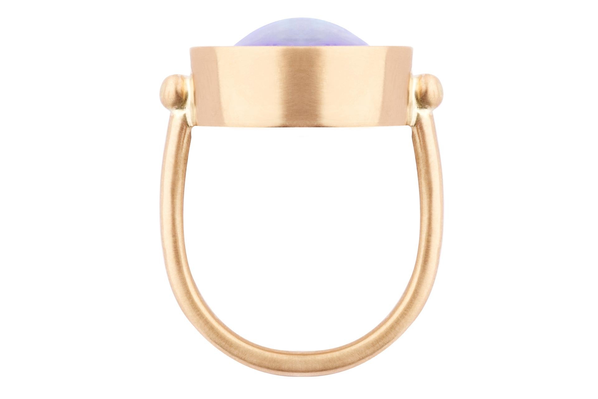 Artisan OUROBOROS Round Cabochon Rainbow Moonstone 18 Karat Gold Ring For Sale