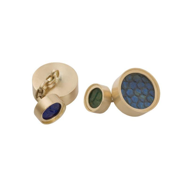 Ouroboros scale carved rainbow moonstone, blue laboradite, moss agate and lapis lazuli cufflinks set in 18 karat gold handmade cufflinks.

These cufflinks are all made to order as the moss agate and the lapis lazuli are engraved with the initials of