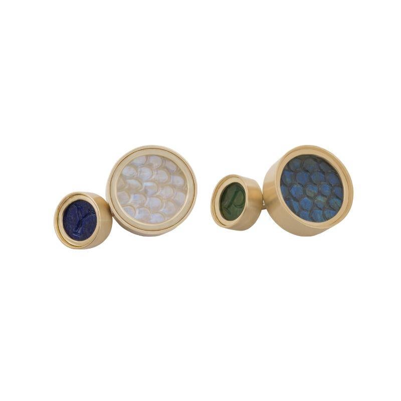 OUROBOROS Scale Carved Moonstone, Labradorite, Agate & Lapis Lazuli Cufflinks For Sale