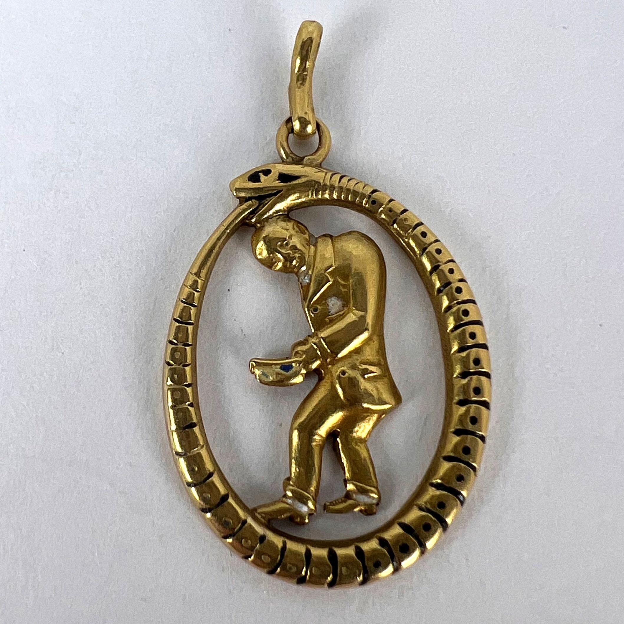 Ouroboros Serpent Snake Man 18K Yellow Gold Enamel Charm Pendant For Sale 7
