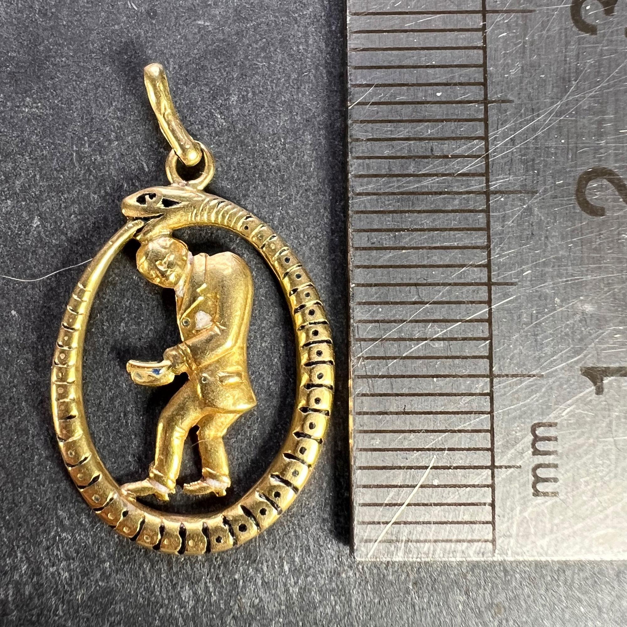 Ouroboros Serpent Snake Man 18K Yellow Gold Enamel Charm Pendant For Sale 5