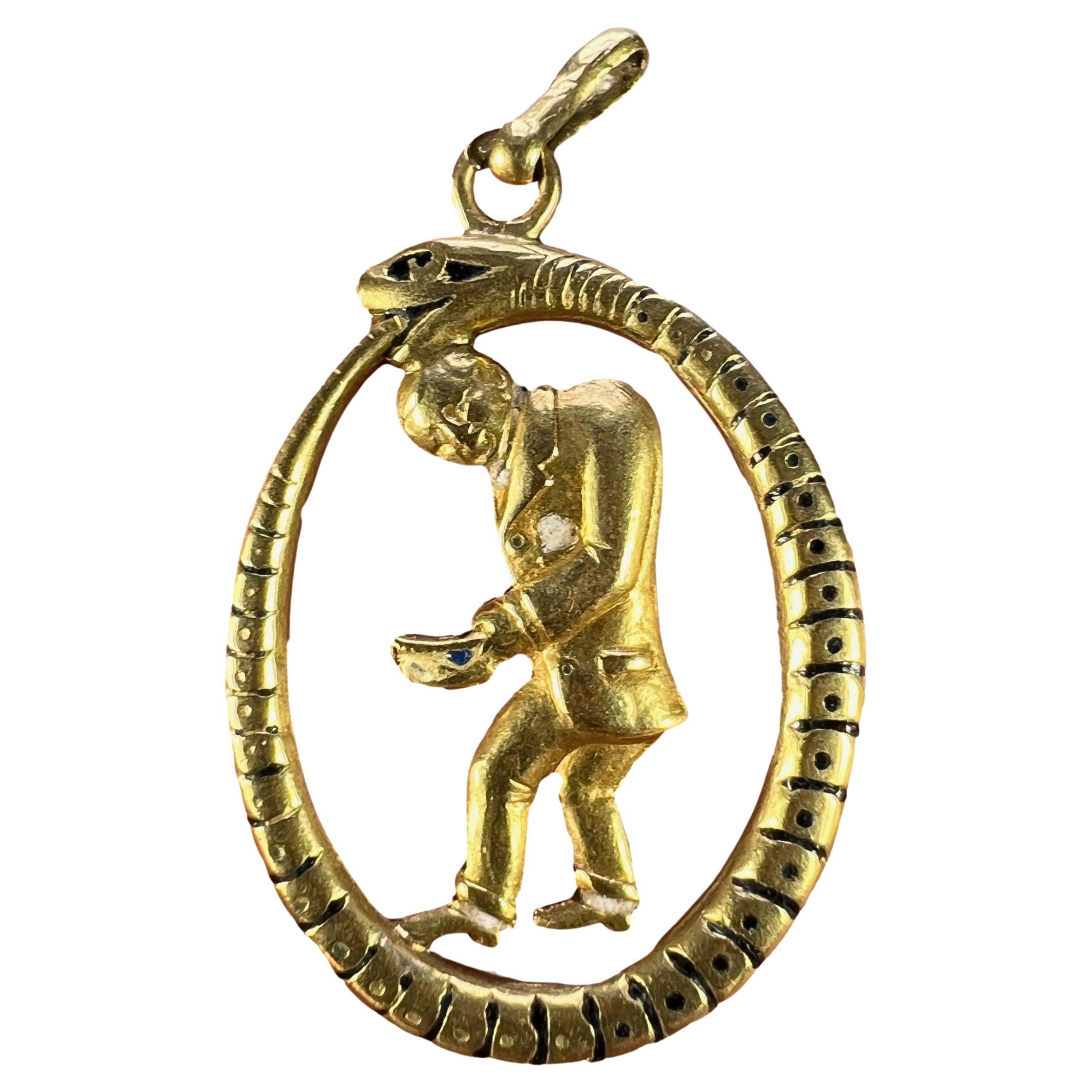 Ouroboros Serpent Snake Man 18K Yellow Gold Enamel Charm Pendant For Sale