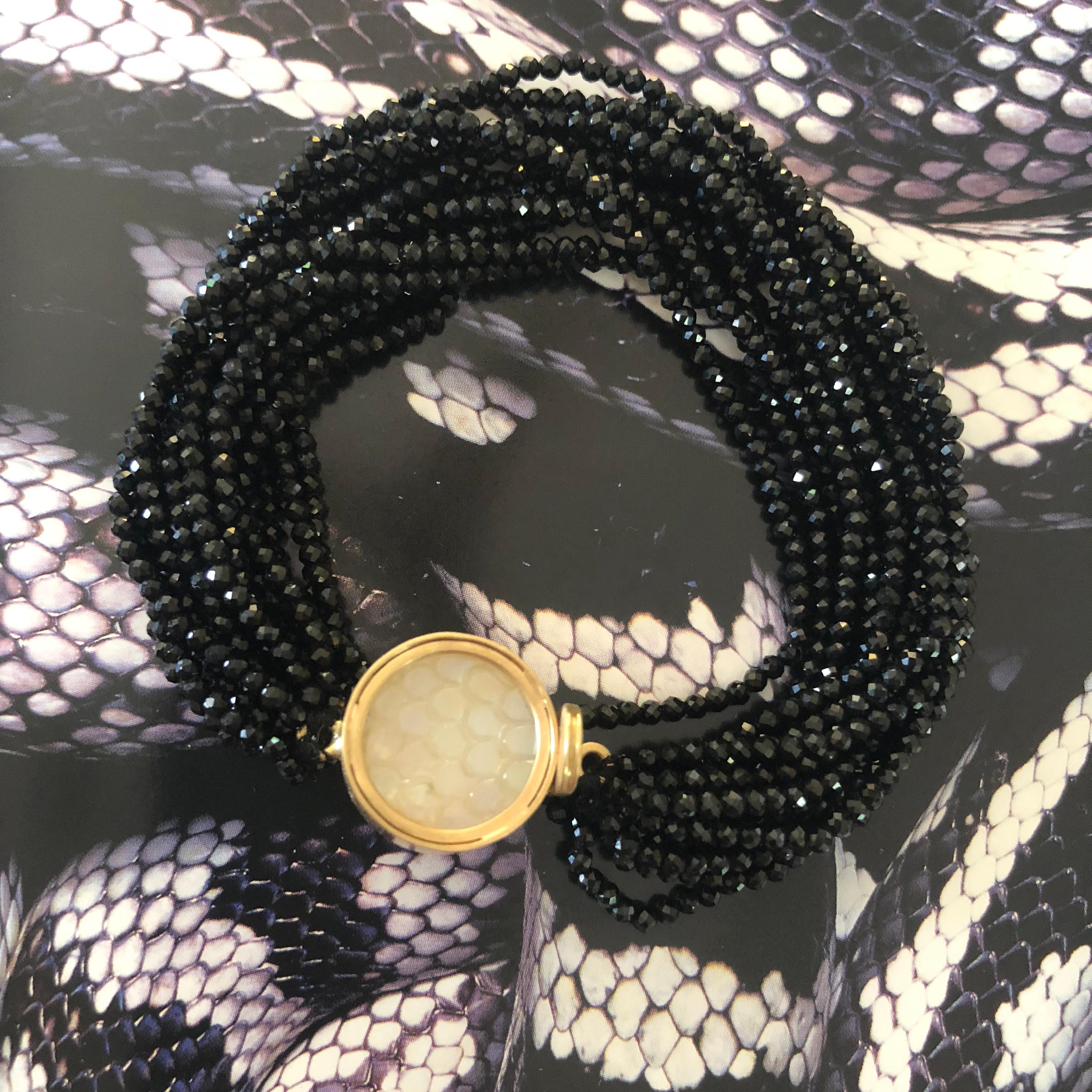 Women's OUROBOROS Snake Scale Carved Moonstone 18 Karat Gold Spinel/Pearl Bracelet For Sale