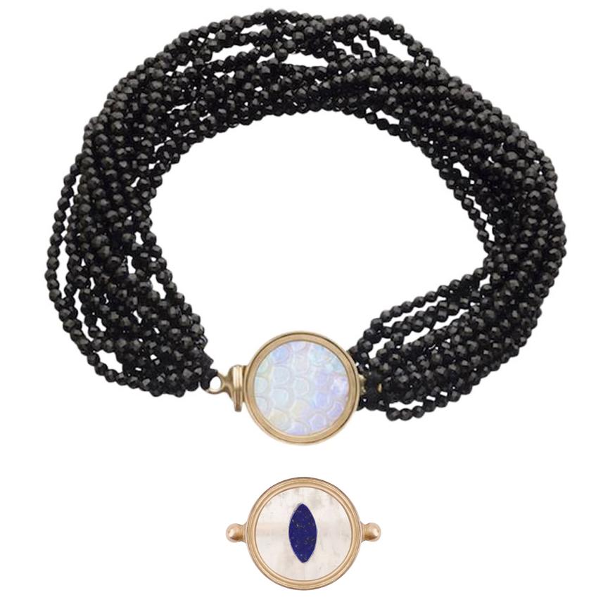 OUROBOROS Snake Scale Carved Moonstone 18 Karat Gold with pearl/spinel bracelet For Sale 1