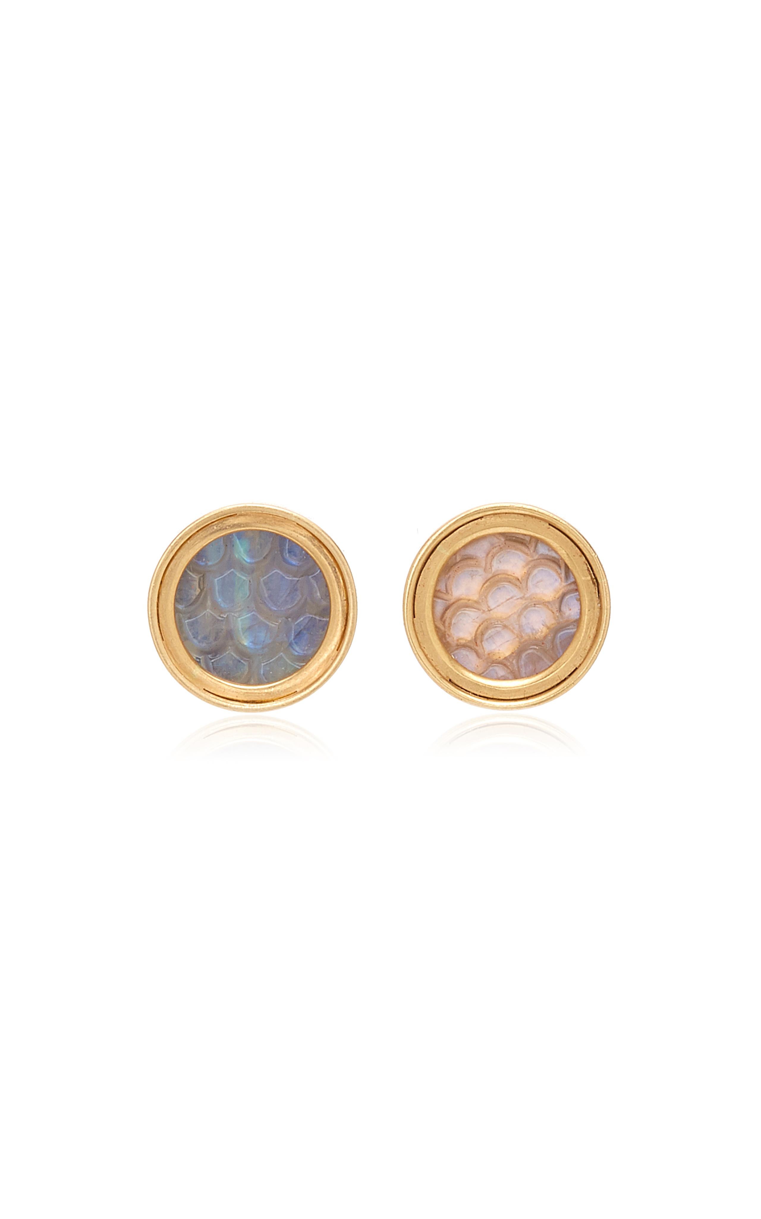 OUROBOROS Snake Scale Carved Rainbow Moonstone 18 Karat Gold Stud Earrings  In New Condition For Sale In London, GB