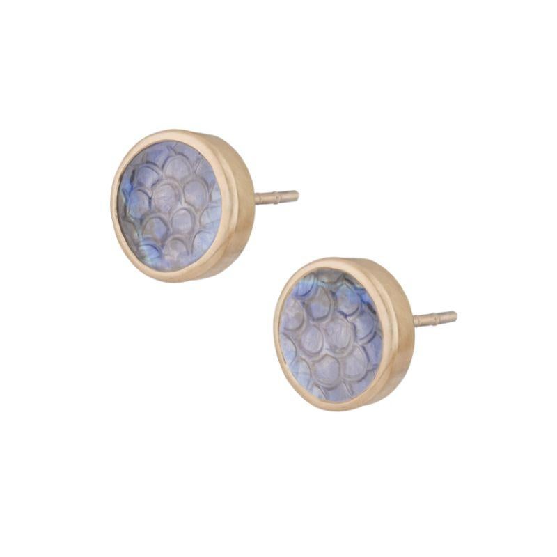 Ouroboros snake scale carved rainbow moonstone in a simple frame of 18 karat gold, handmade studs. 

Blue and white rainbow moonstone options.

This piece is made completely by hand and if it is out of stock takes 4 to 6 weeks to produce.
