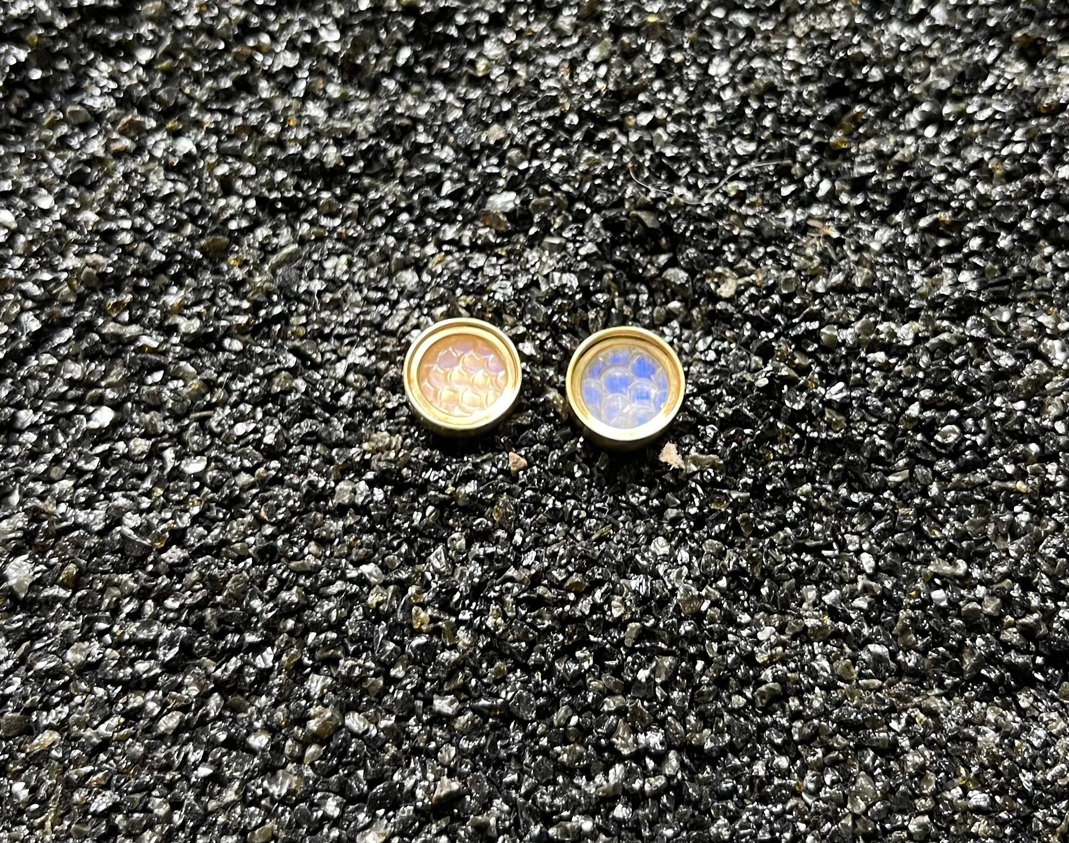 OUROBOROS Snakeskin Rainbow Moonstone 18kt Gold Earings  In New Condition For Sale In London, GB