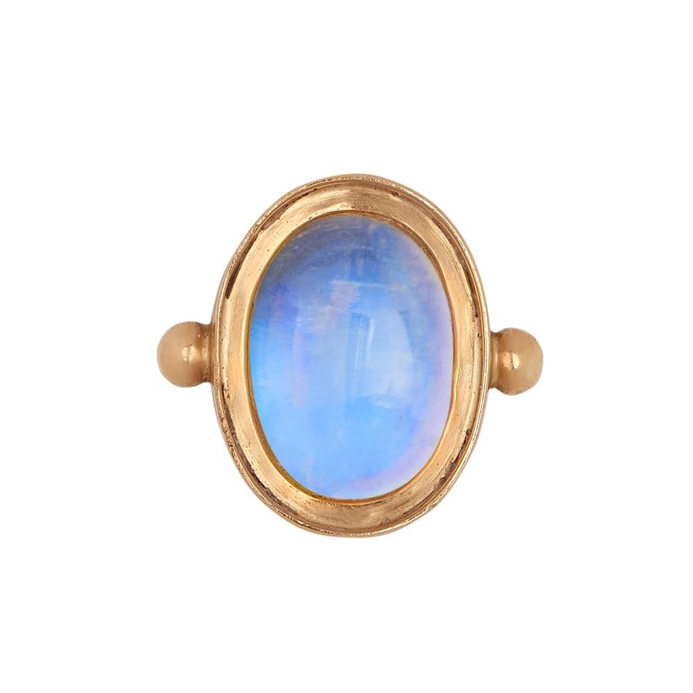 Ouroboros Square Rainbow Moonstone Handmade 18 Karat Yellow Gold Ring In New Condition For Sale In London, GB