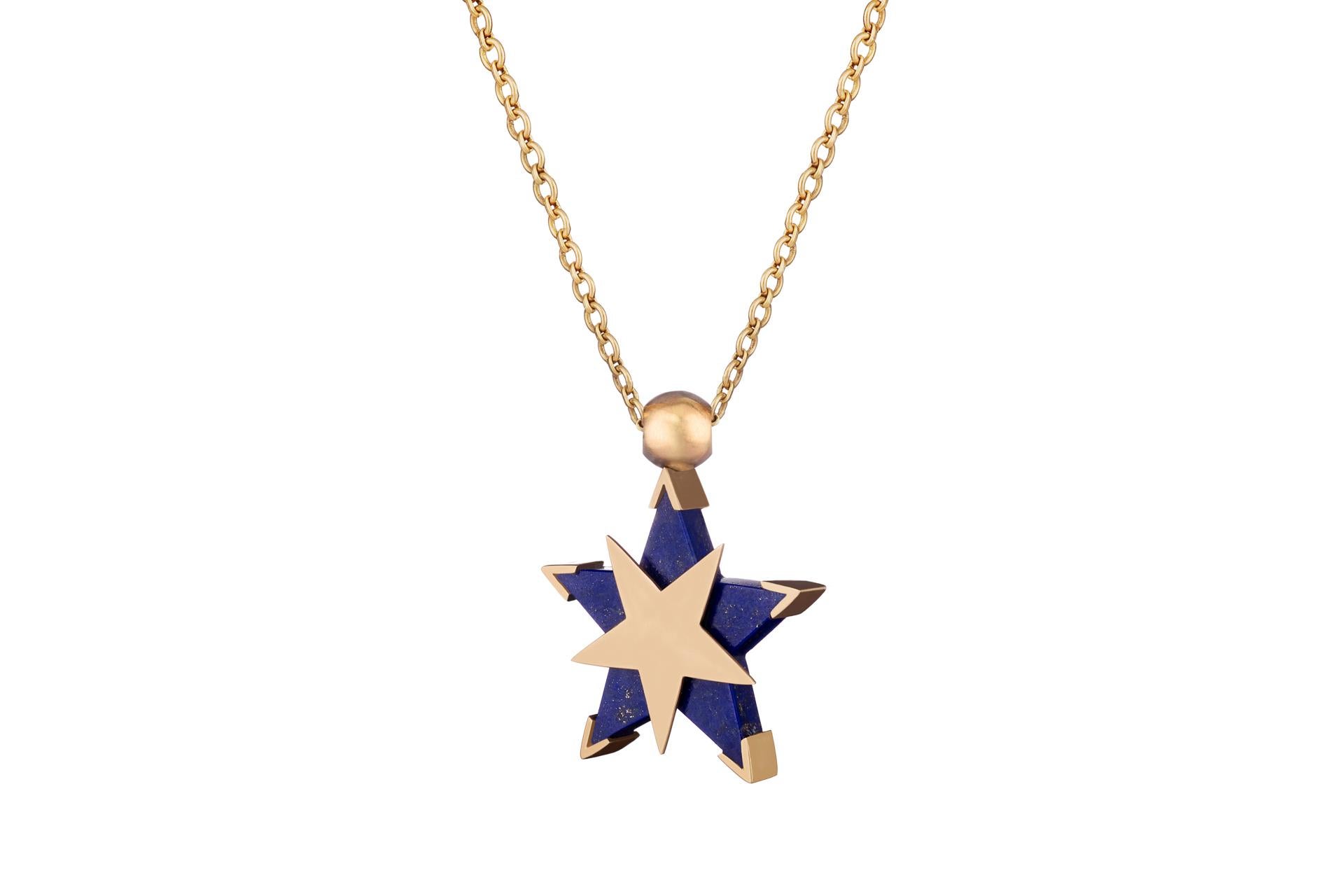Artisan OUROBOROS Star Lapis Lazuli Spinning Pendant Handmade 18 Karat Gold Necklace For Sale