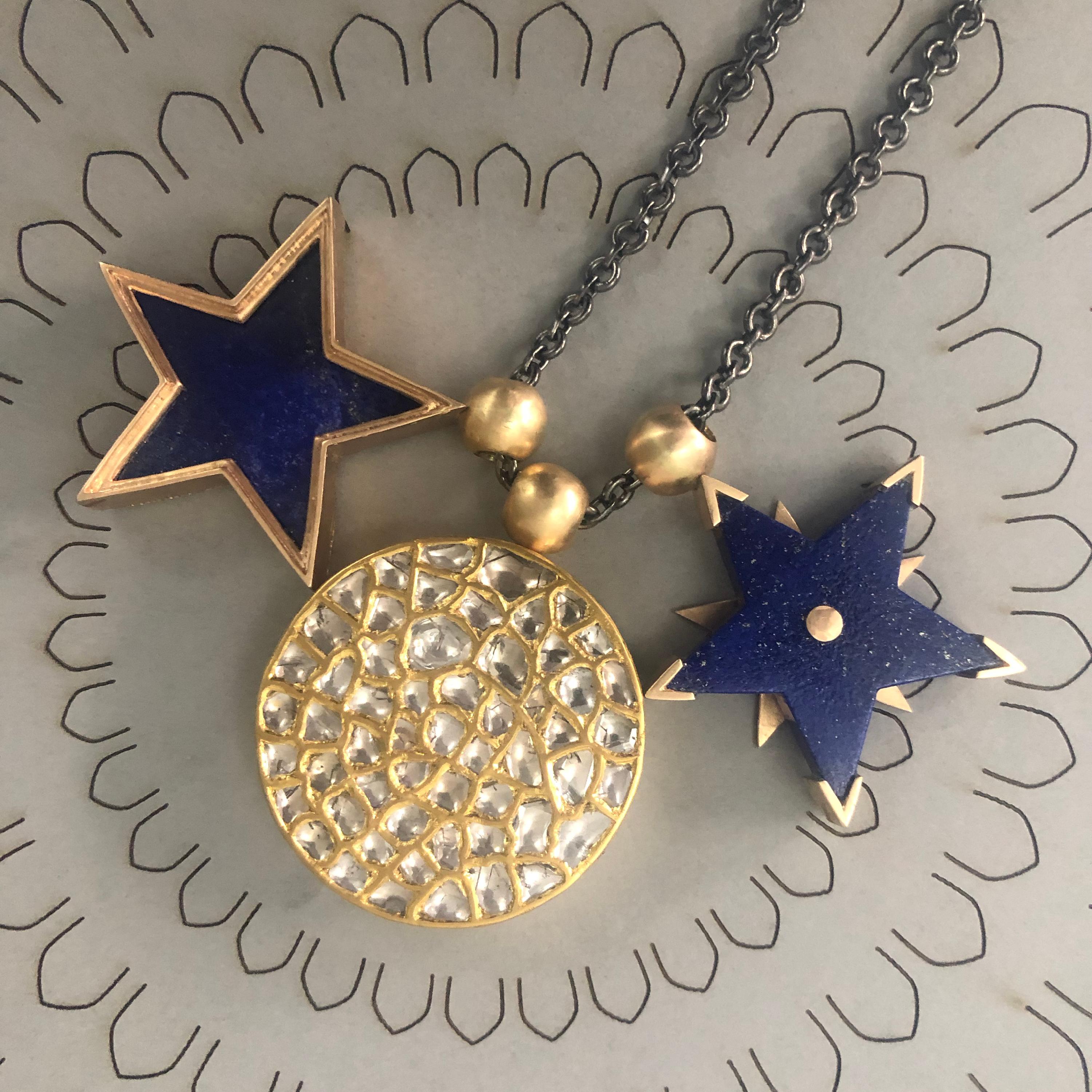 OUROBOROS Star Lapis Lazuli Spinning Pendant Handmade 18 Karat Gold Necklace In New Condition For Sale In London, GB
