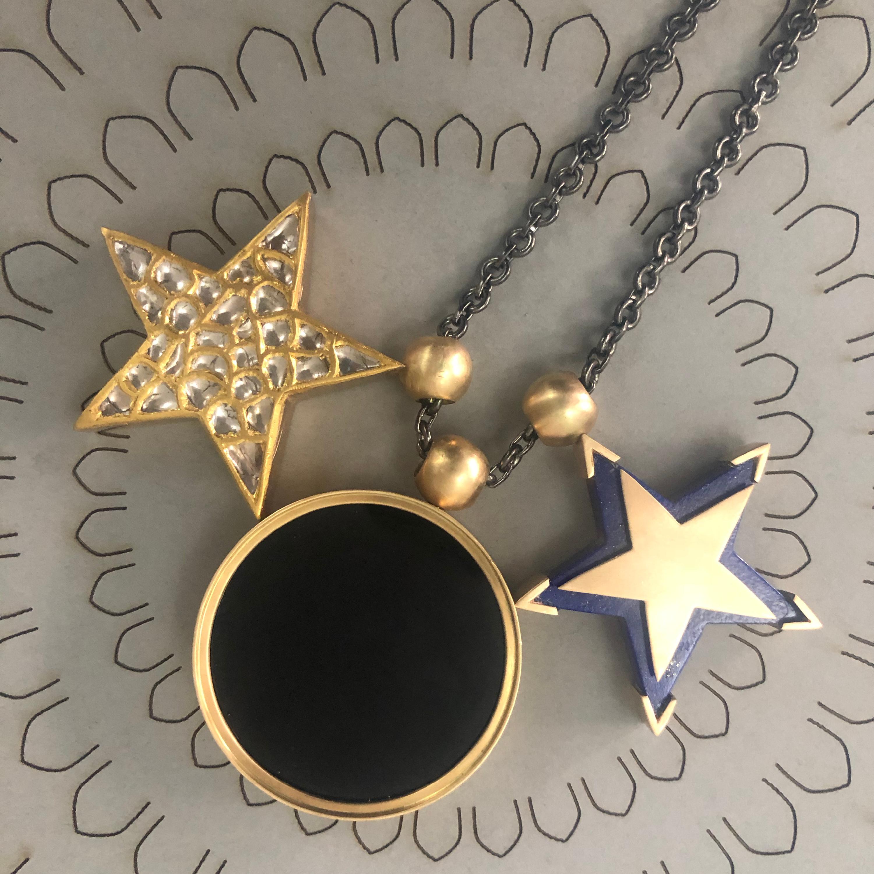 Women's or Men's OUROBOROS Star Lapis Lazuli Spinning Pendant Handmade 18 Karat Gold Necklace For Sale