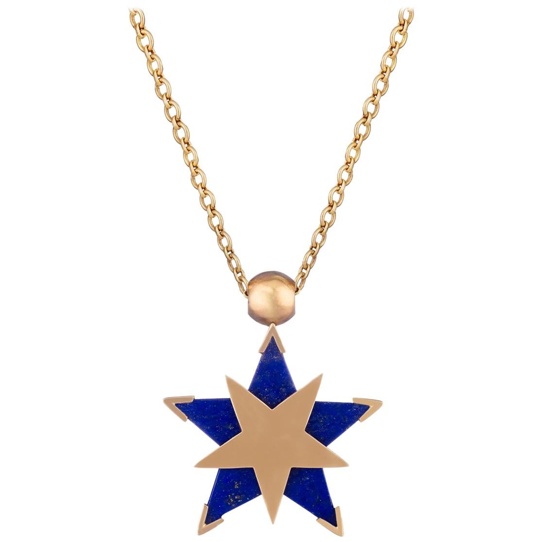 OUROBOROS Star Lapis Lazuli Spinning Pendant Handmade 18 Karat Gold Necklace im Angebot