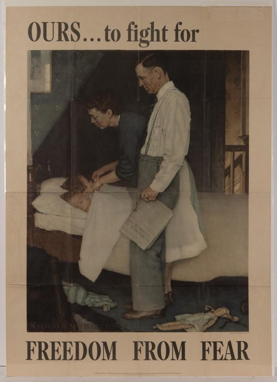 Presented is an original 1943 poster by Rockwell Kent, illustrating “freedom from fear.” The poster is one of the four iconic War Bonds posters by Norman Rockwell. The series was a visual representation of the closing remarks of President