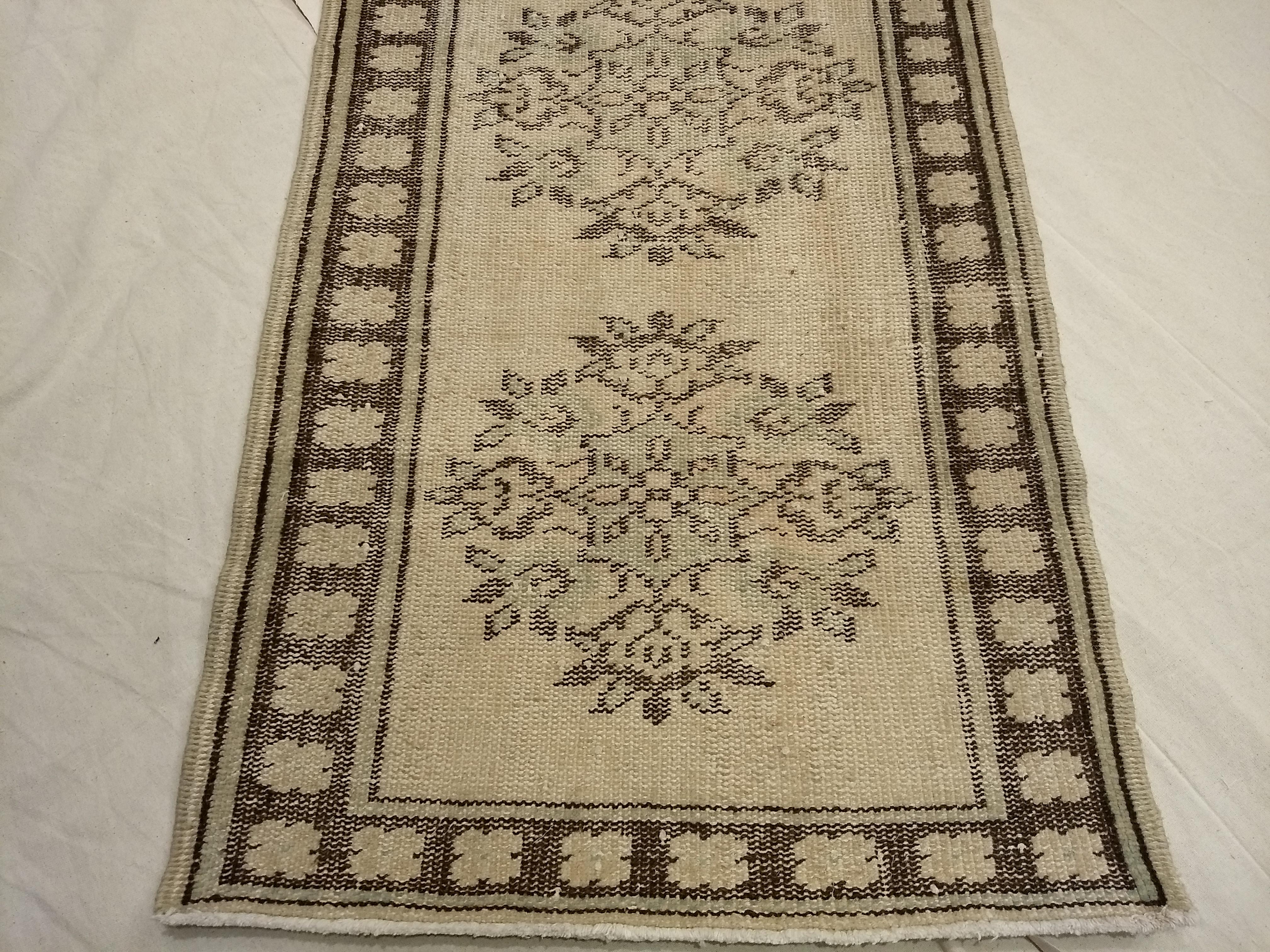Vintage Turkish Oushak Runner in Ivory, Brown and Green Colors For Sale 2