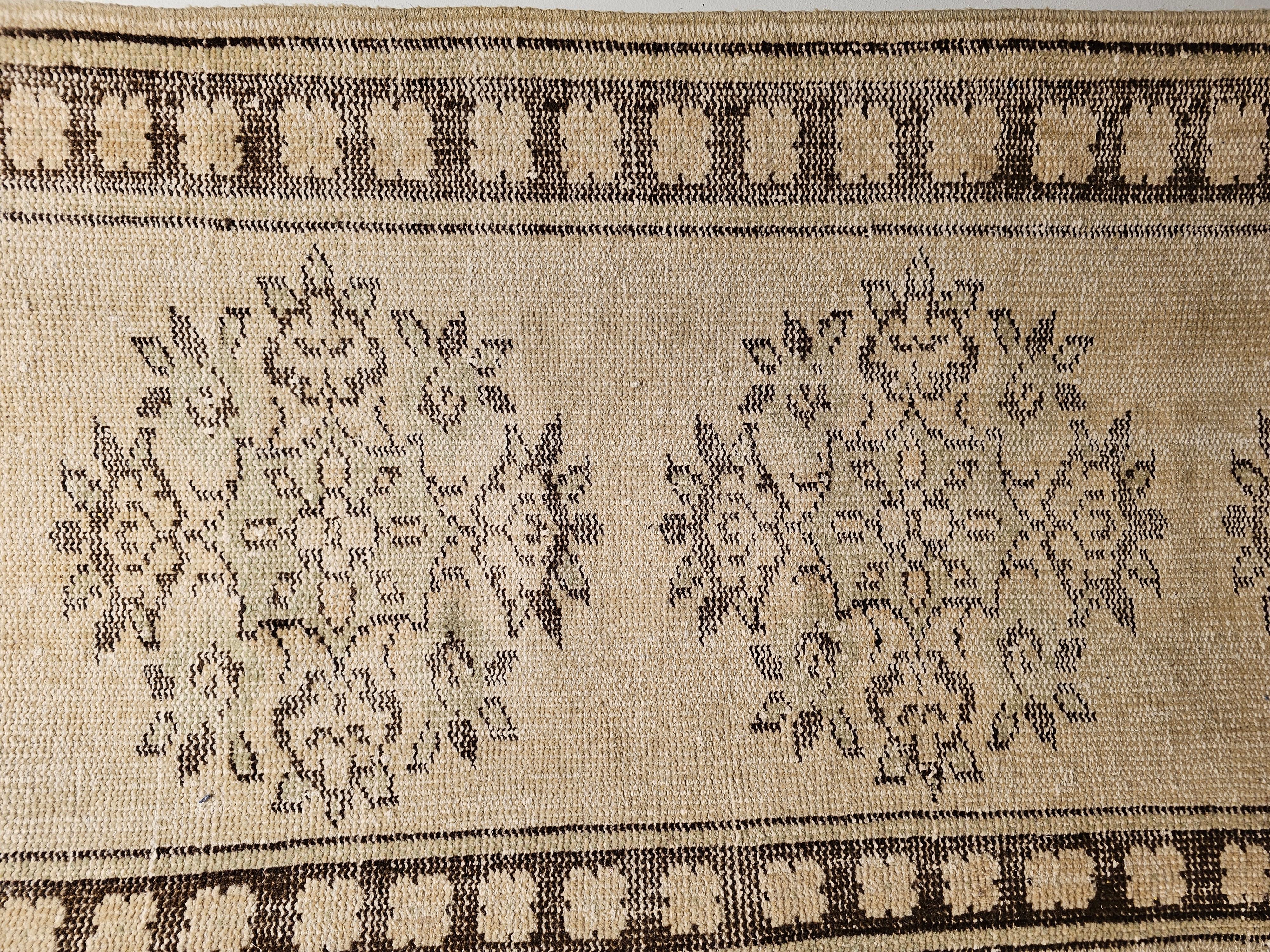 20th Century Vintage Turkish Oushak Runner in Ivory, Brown and Green Colors For Sale