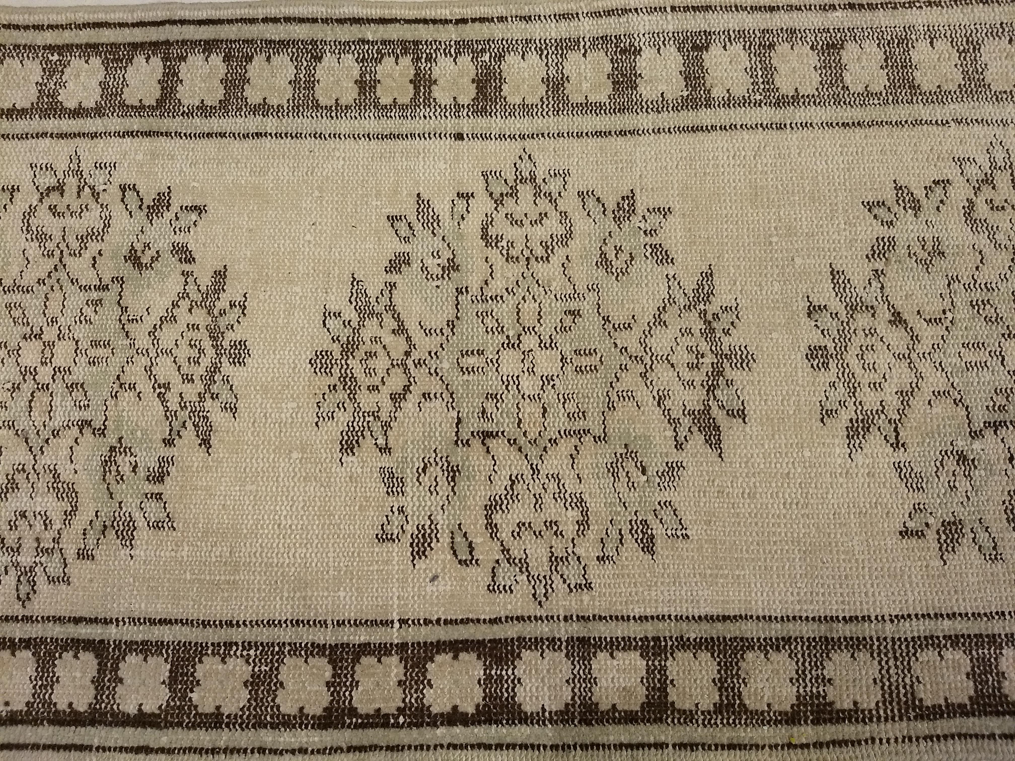 Cotton Vintage Turkish Oushak Runner in Ivory, Brown and Green Colors For Sale