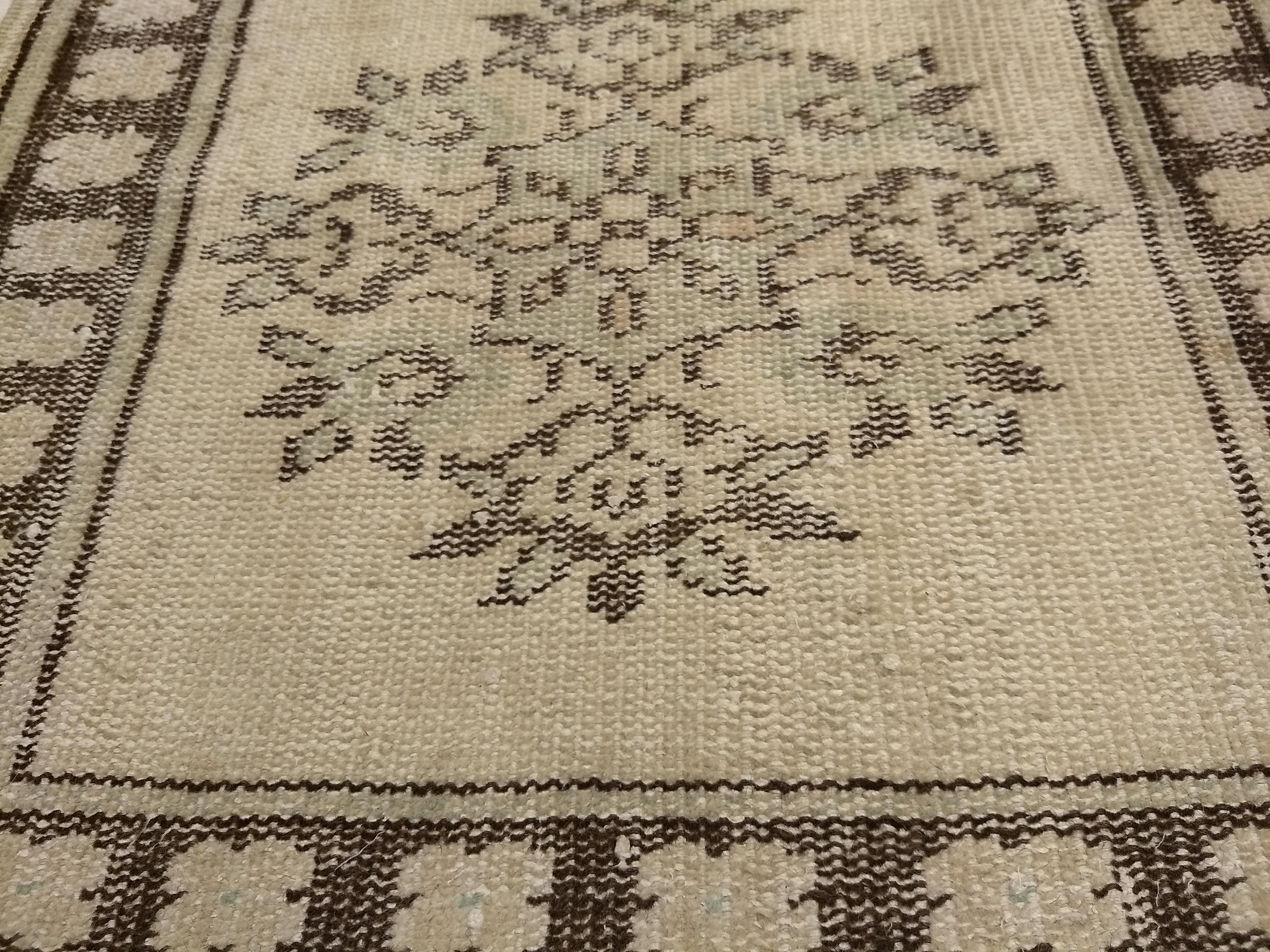 Vintage Turkish Oushak Runner in Ivory, Brown and Green Colors For Sale 1