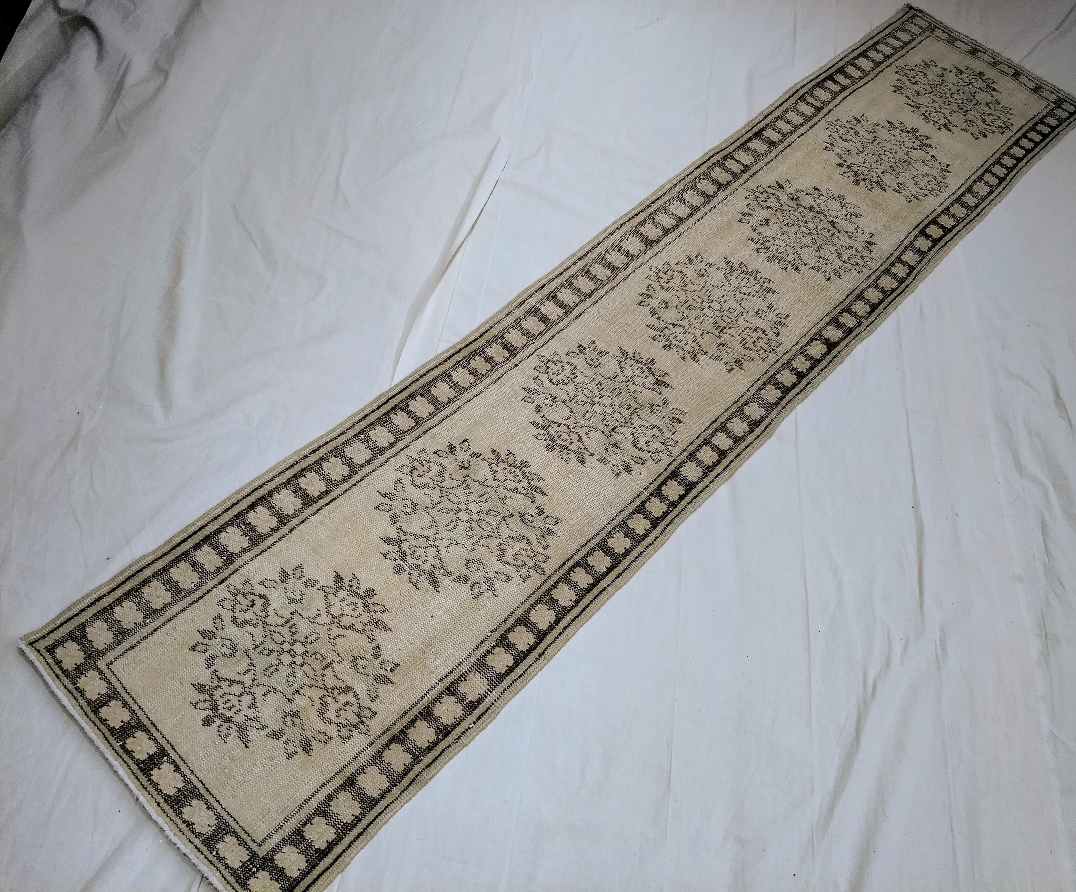 Vintage Turkish Oushak Runner in Ivory, Brown and Green Colors For Sale 3