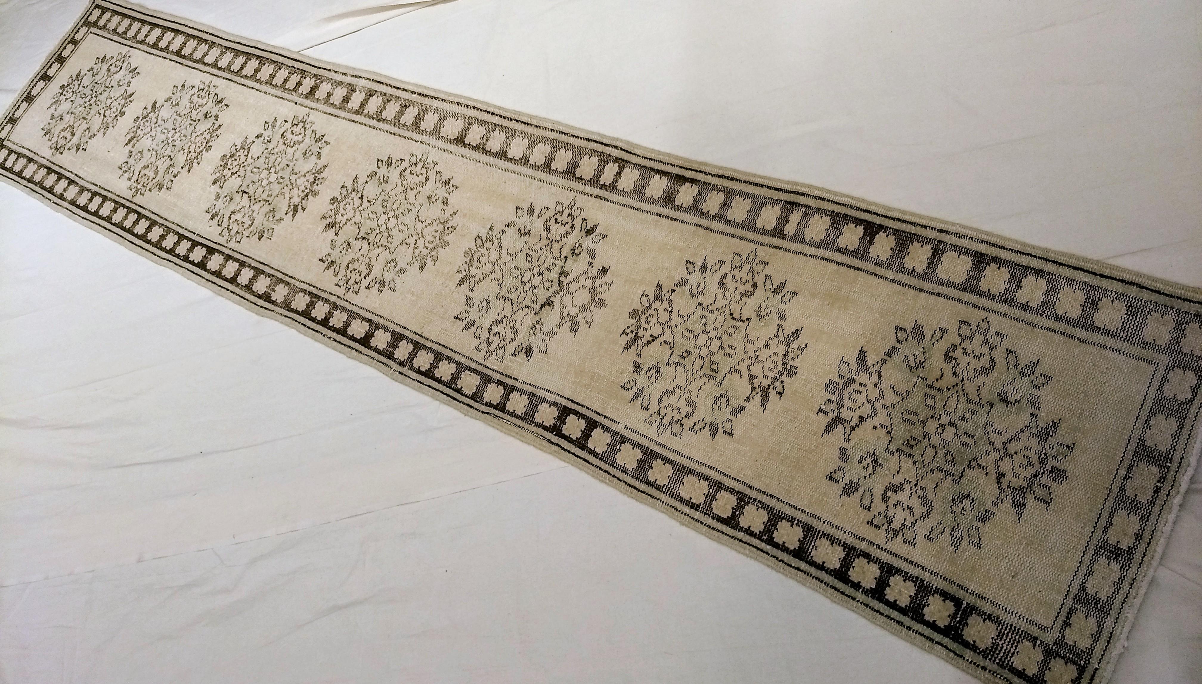 Vintage Turkish Oushak Runner in Ivory, Brown and Green Colors For Sale 4