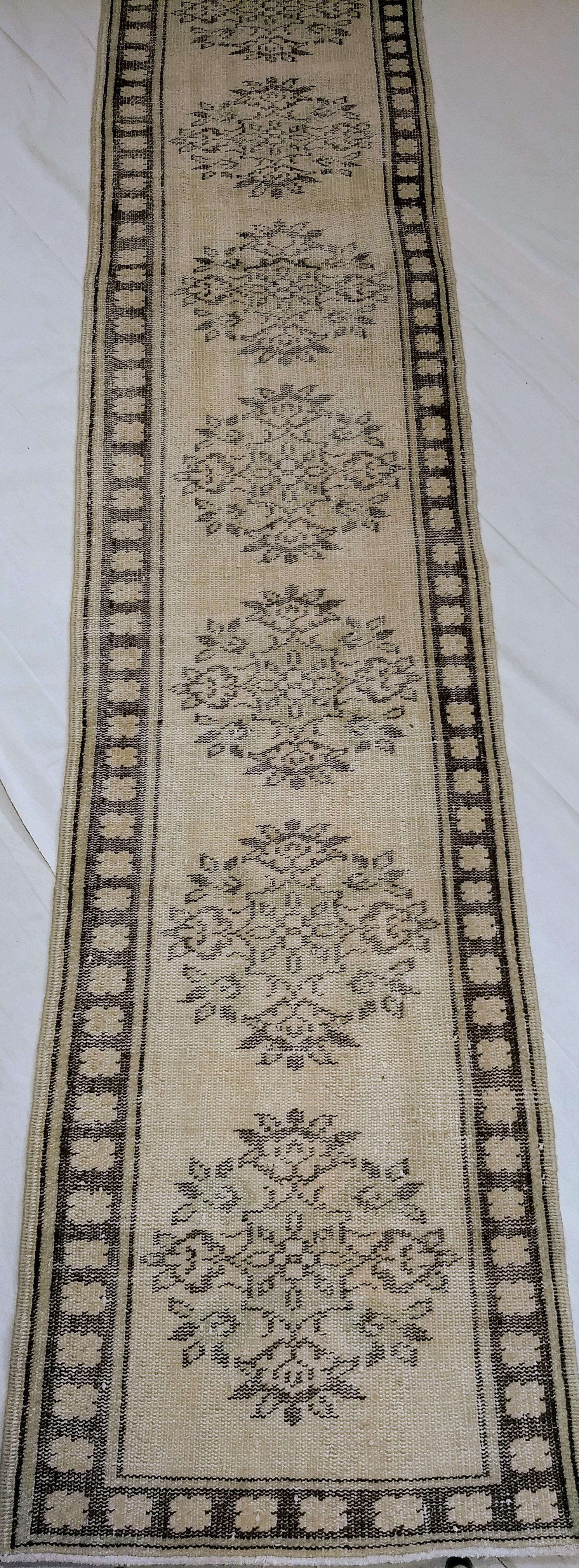 Vintage Turkish Oushak Runner in Ivory, Brown and Green Colors For Sale 5