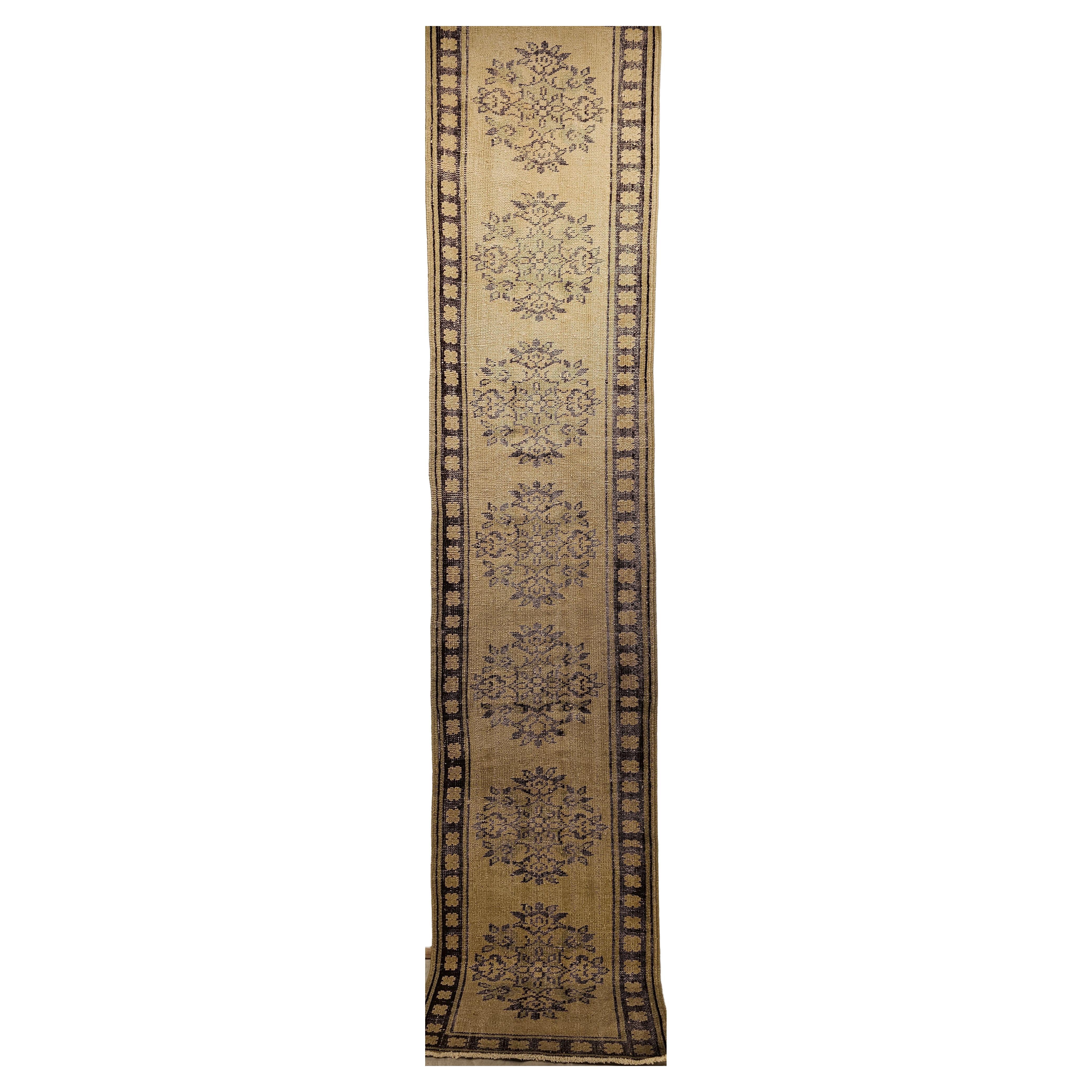 Vintage Turkish Oushak Runner in Ivory, Brown and Green Colors