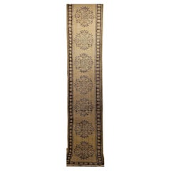 Antique Turkish Oushak Runner in Ivory, Brown and Green Colors