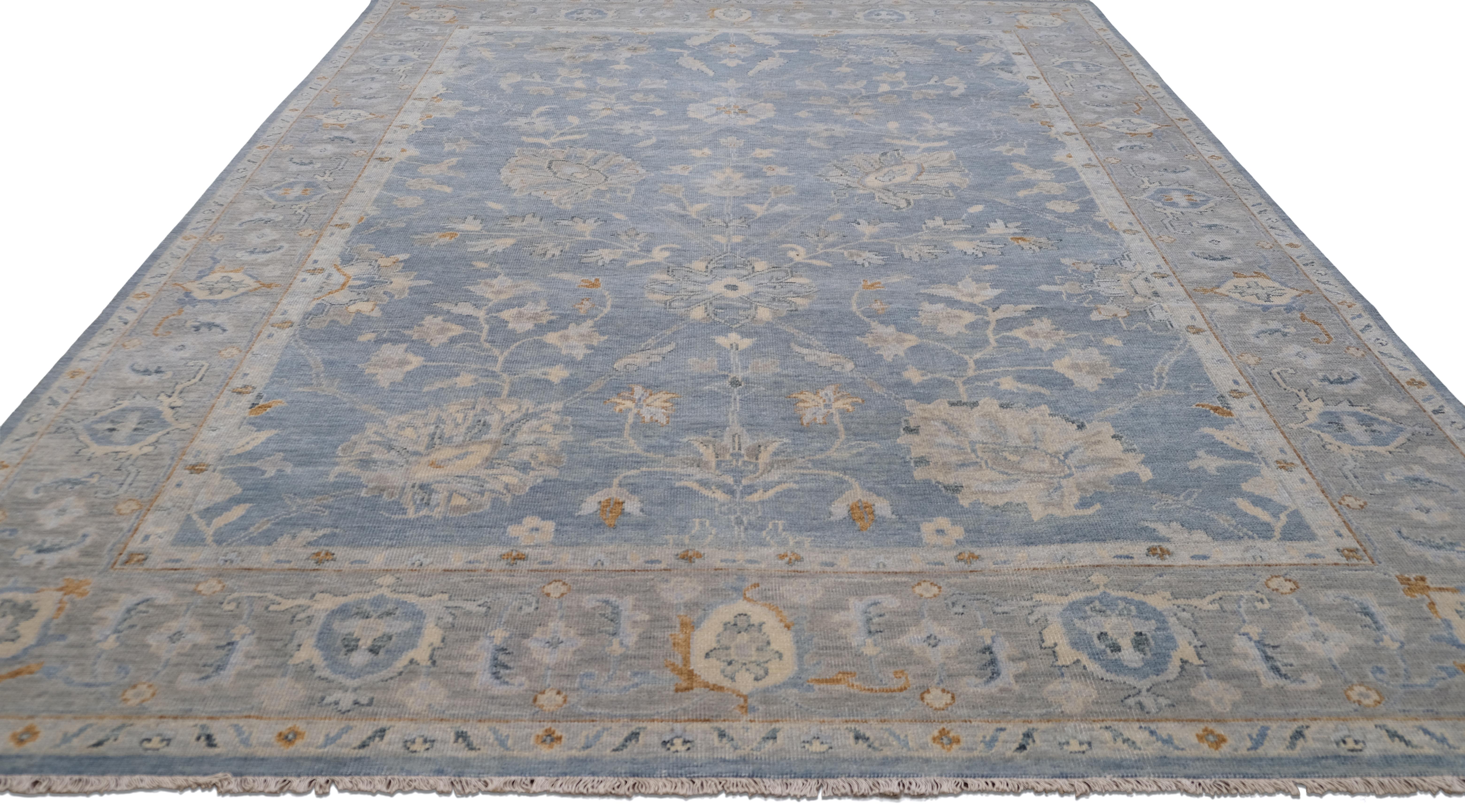 Asiatico Tappeto Oushak con motivo floreale blu e grigio in lana 8'11''x11'11'' in vendita