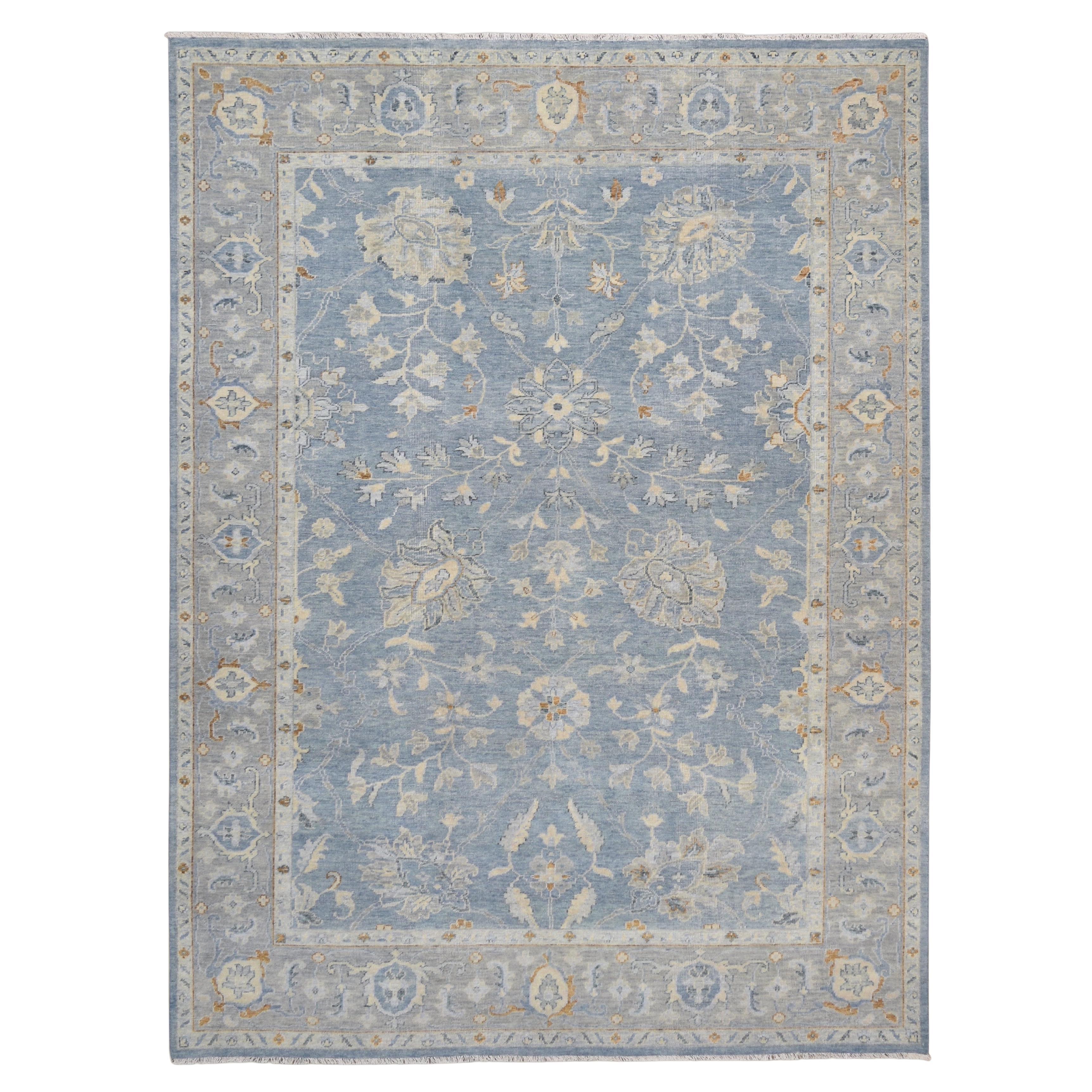Oushak Blue and Gray Floral Motif Wool Rug 8'11''x11'11''
