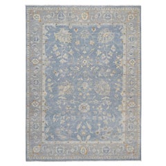 Oushak Blue and Gray Floral Motif Wool Rug 8'11''x11'11''