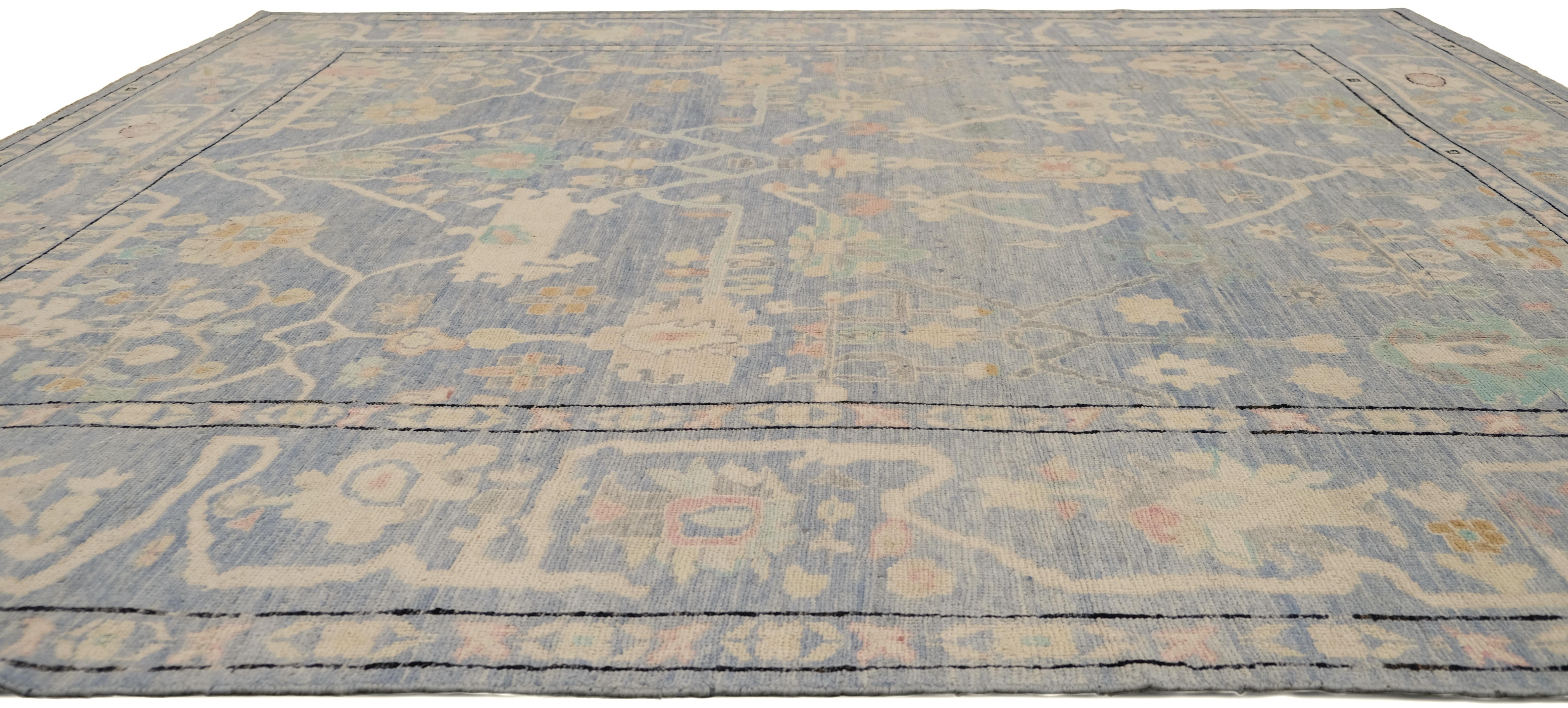 Oushak Alfombra de Lana Anudada a Mano Azul y Marfil 9'2''x11'2'' Victoriano en venta