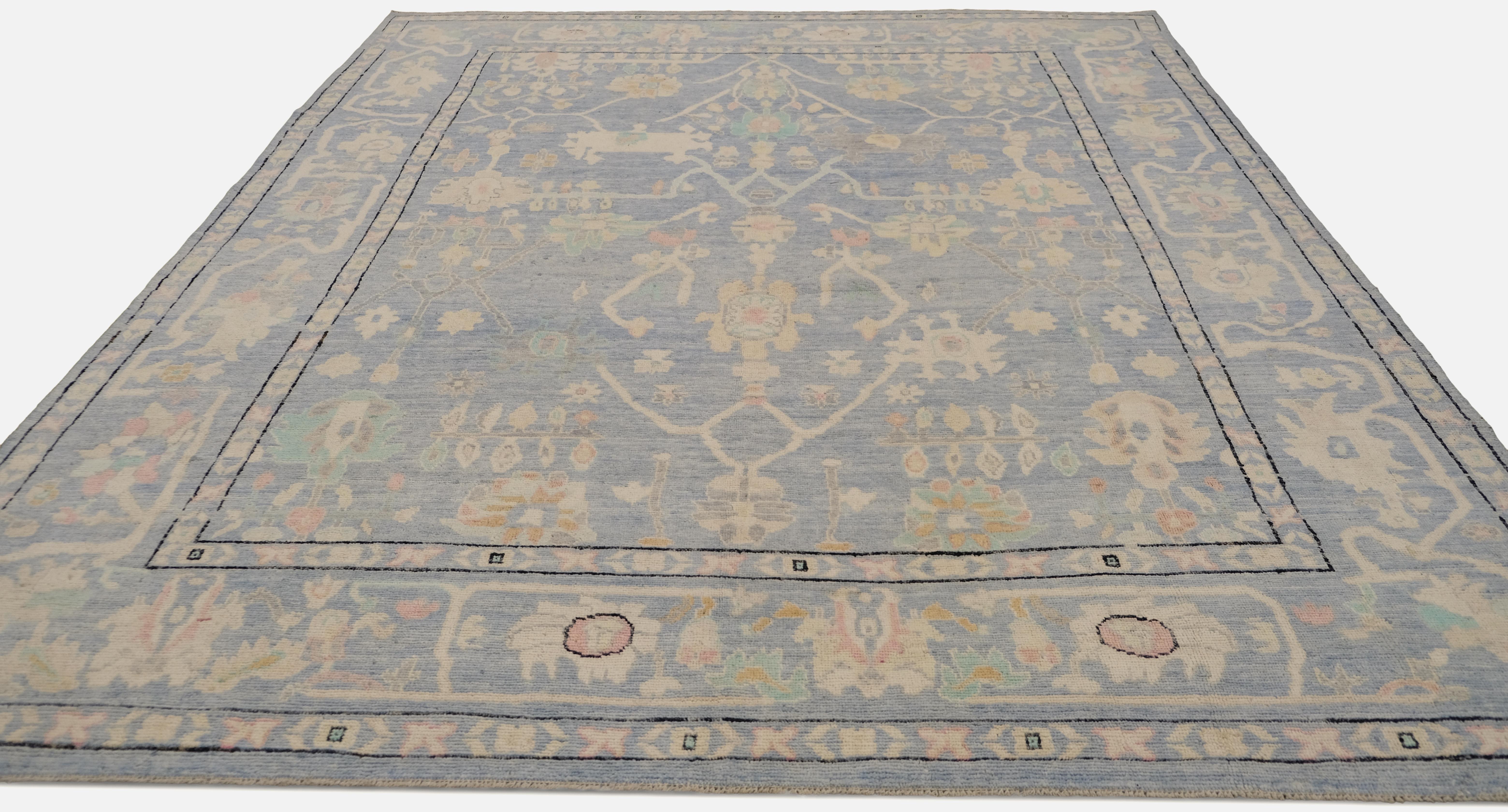 Oushak Alfombra de Lana Anudada a Mano Azul y Marfil 9'2''x11'2'' Afgano en venta