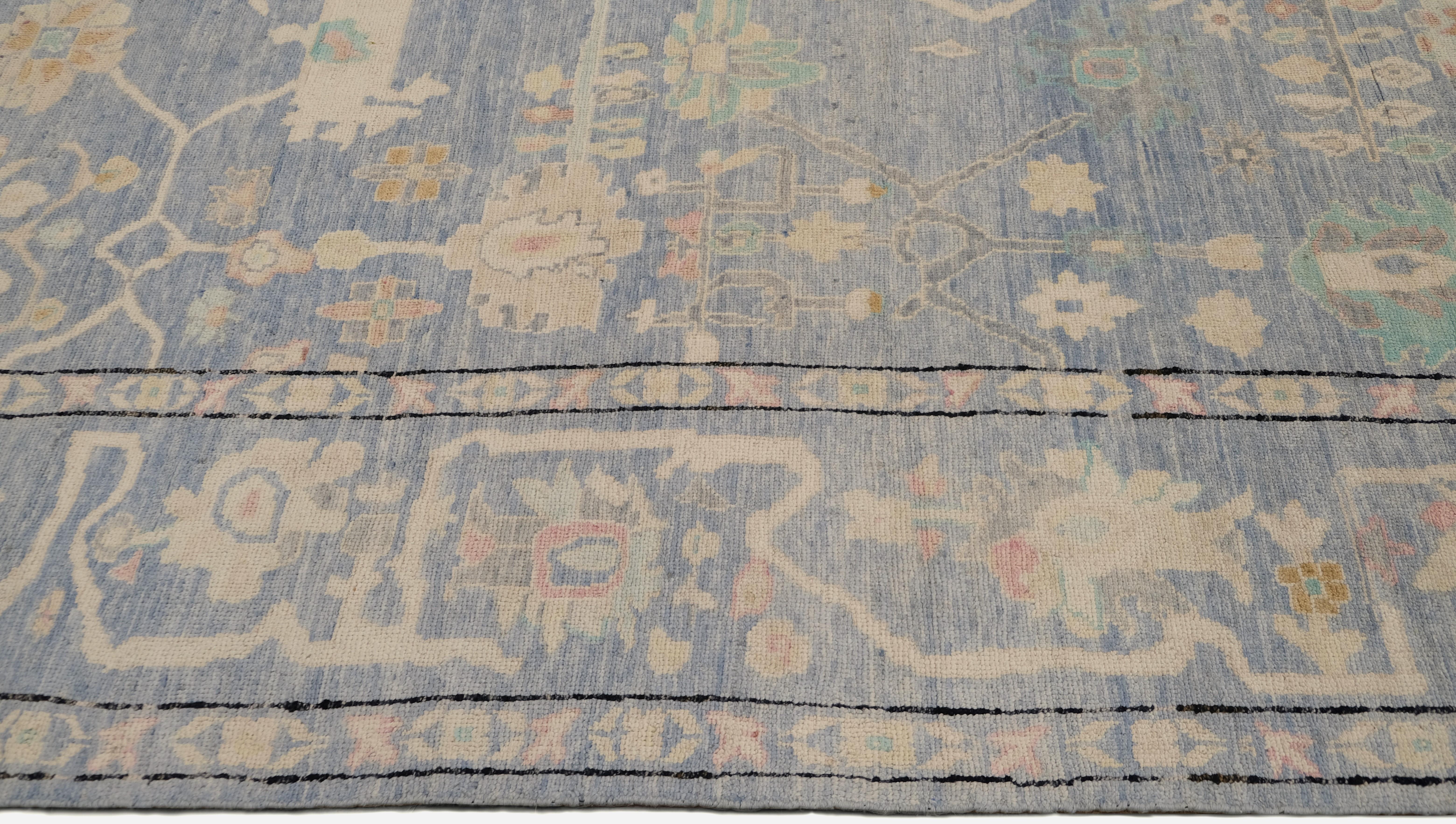 Oushak Alfombra de Lana Anudada a Mano Azul y Marfil 9'2''x11'2'' Anudado a mano en venta