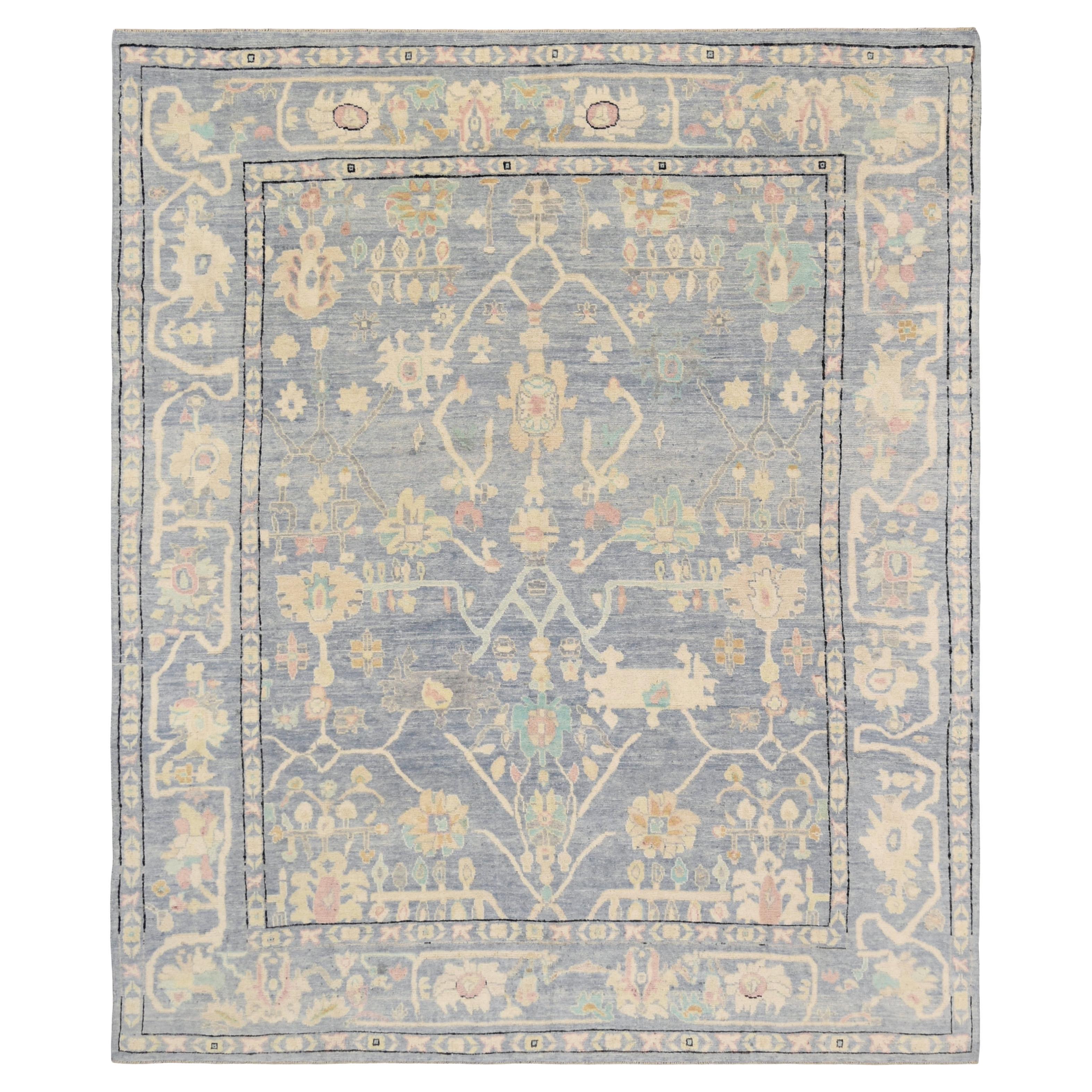 Tapis d'Oushak bleu et ivoire noué à la main 9'2''x11'2''