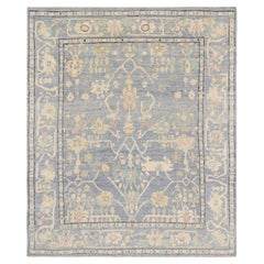 Oushak Blue and Ivory Hand-Knotted Wool Rug 9'2''x11'2''