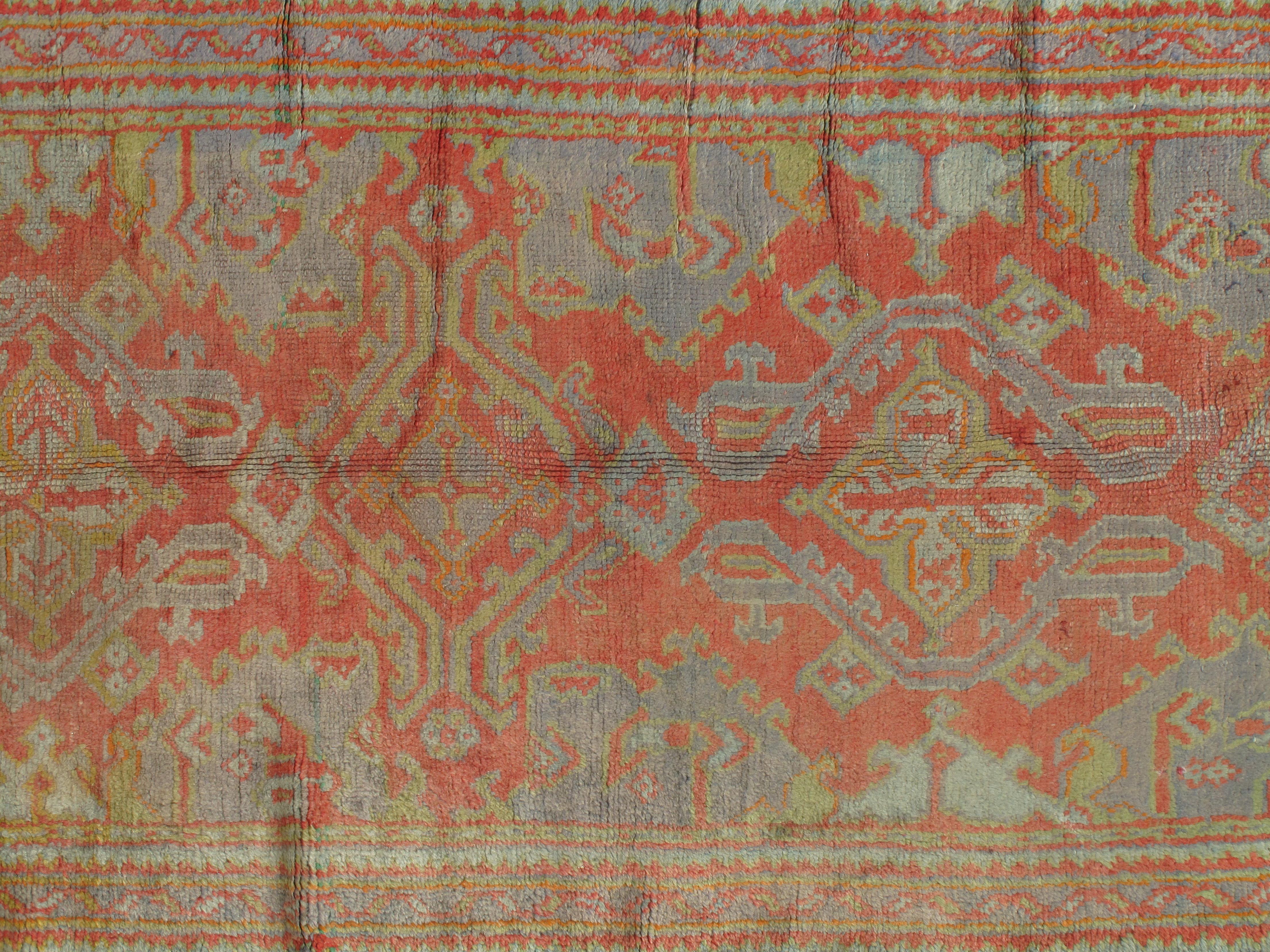 Oushak Carpet, Oriental Rug, Handmade Rug Coral, Light Blue, Saffron and Green For Sale 3